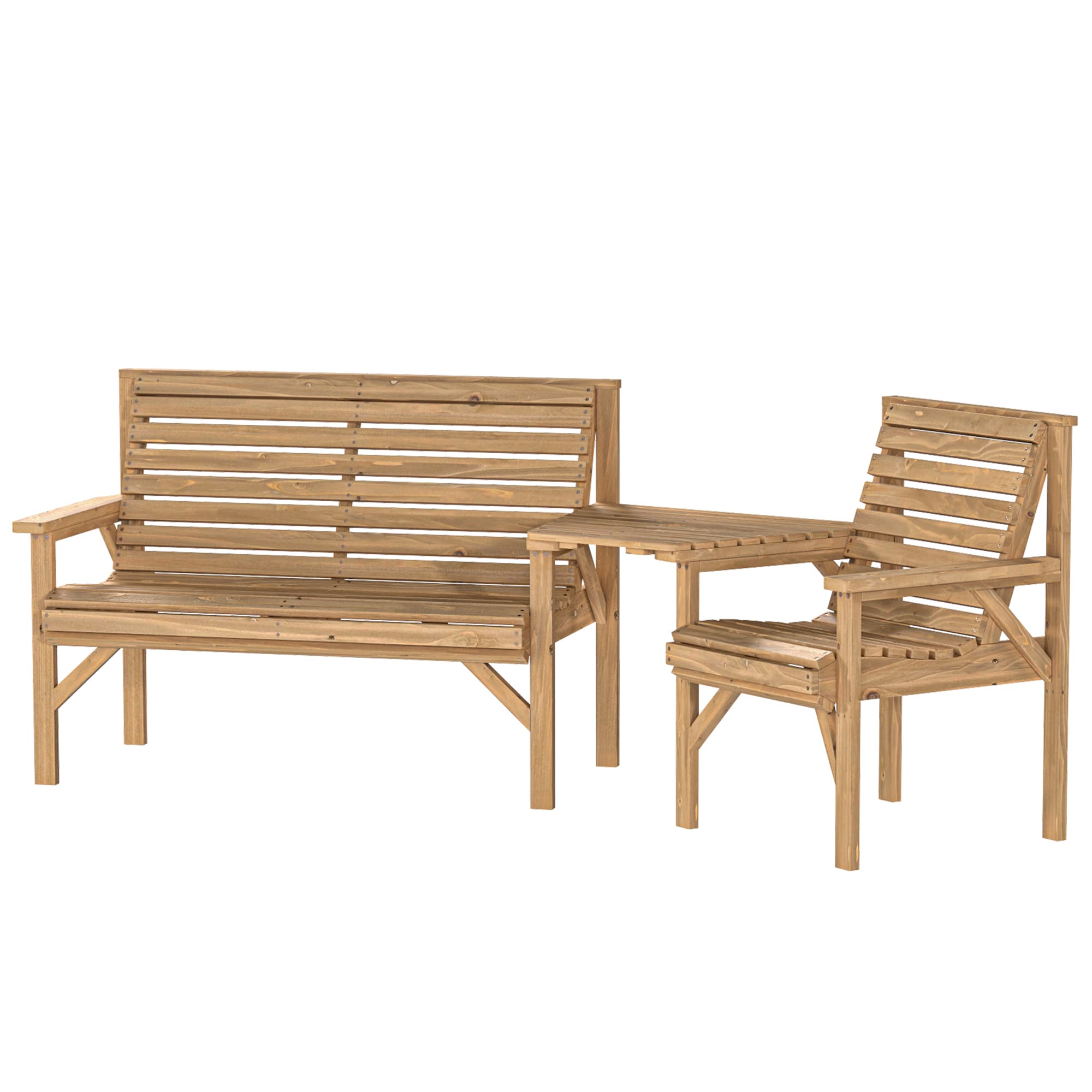 Outsunny Ensemble 3 chaises de jardin, set mobilier balcon avec trou pour parasol, chaise, banc, table amovible 121x65x90 cm Aspect bois naturel