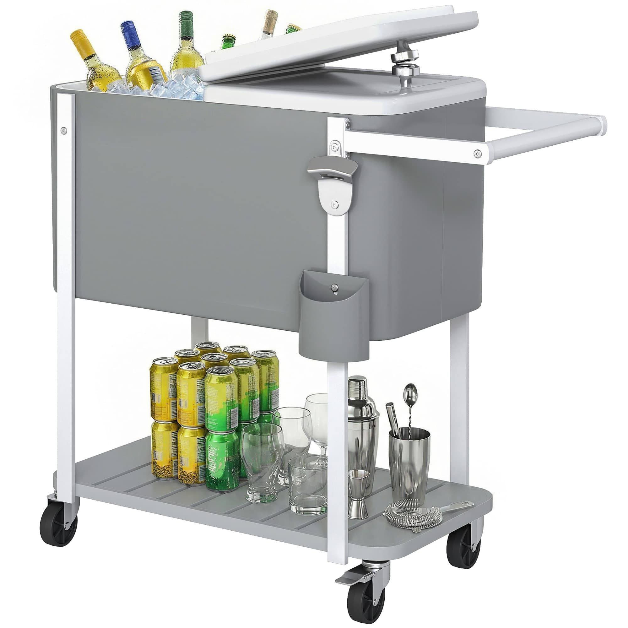 Outsunny Chariot Réfrigéré 56L avec Roues Étagère Décapsuleur Récupérateur de Capsules Vidange et Poignée pour Patio Fête 84x38x83 cm Gris