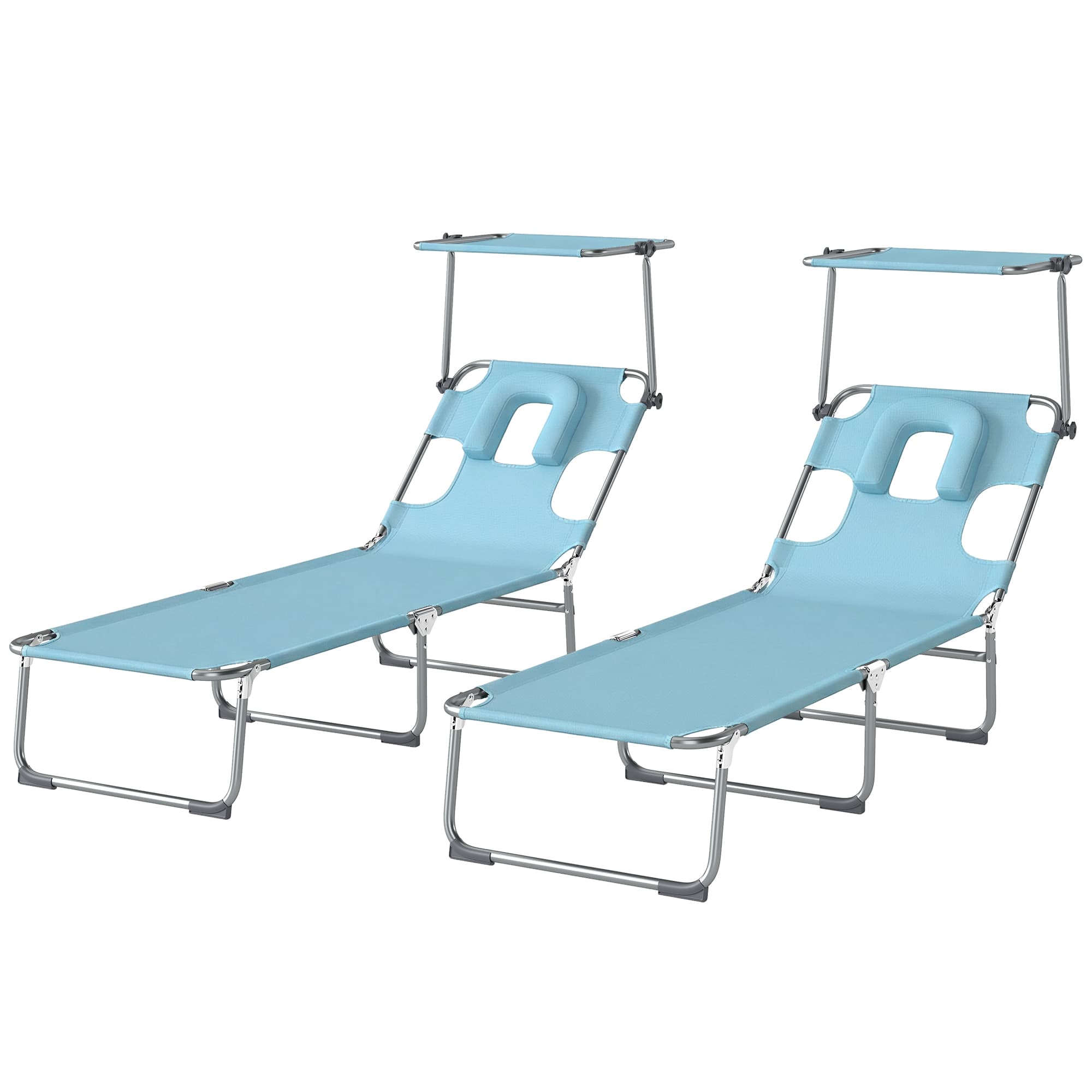 Outsunny Lot de 2 chaises longues pliantes inclinables avec pare-soleil 360°, ouverture visage, poche latérale et Textilene 550 g/m2 bleu