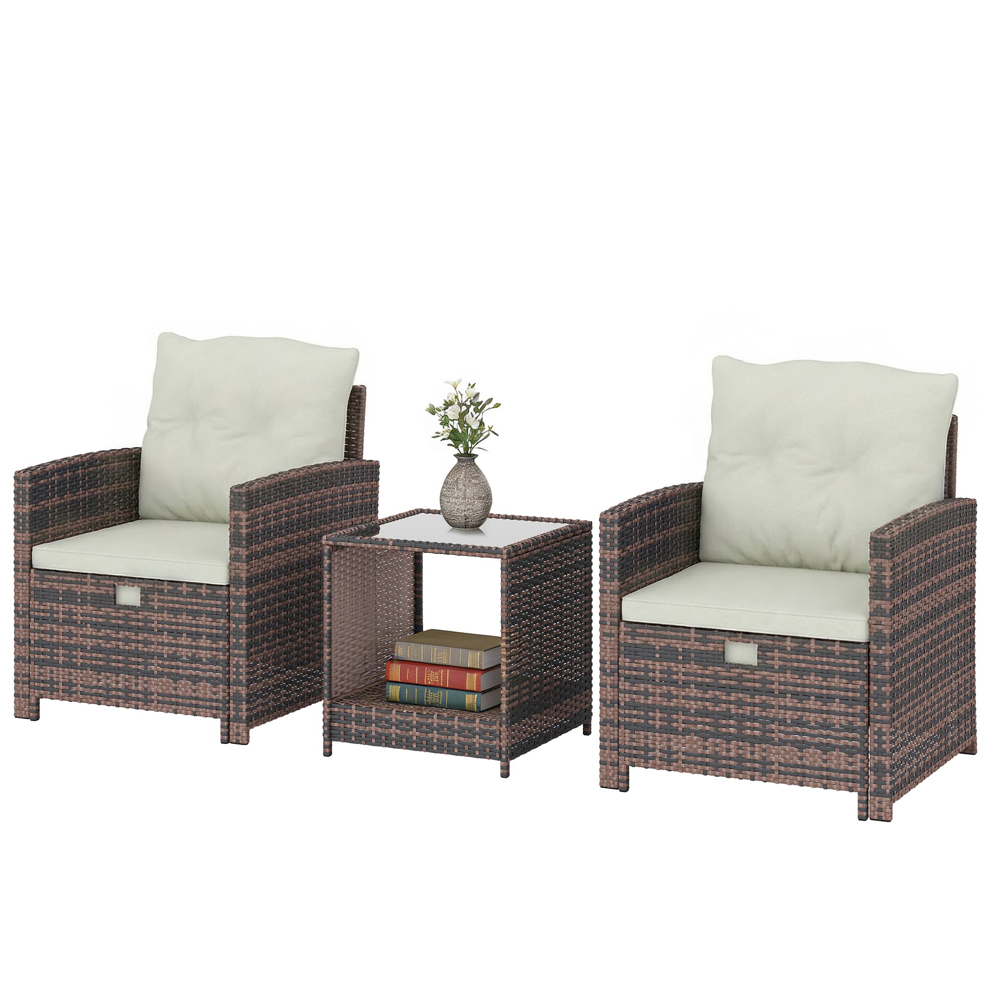 Outsunny Set de meubles de jardin en rotin 5 pièces - ensemble pour balcon avec 2 chaises, coussins, tabourets, table avec rangement, blanc crème