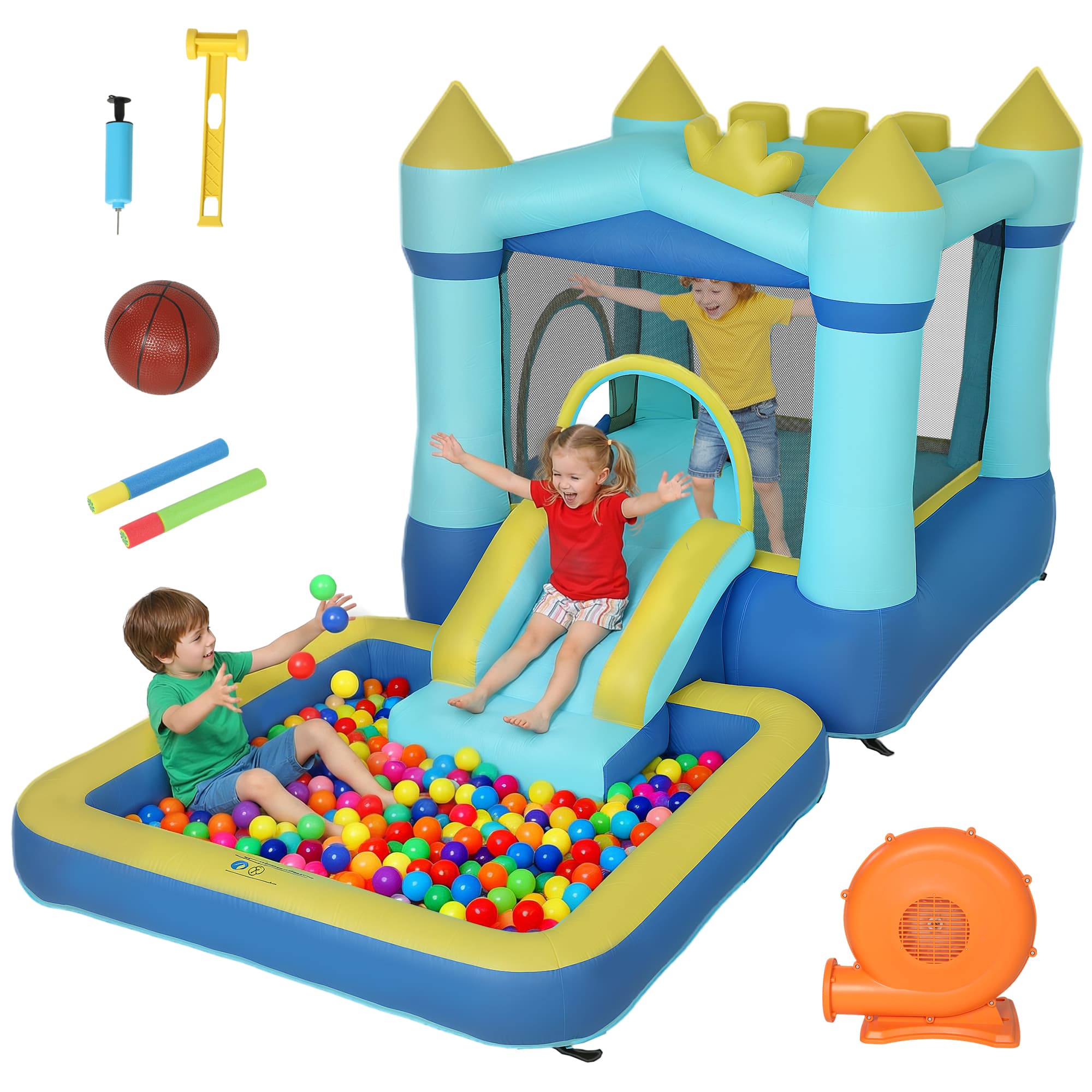 AIYAPLAY Château Gonflable pour Enfants avec Souffleur Toboggan Trampoline Piscine et Panier de Basket pour Enfants 3-8 Ans Bleu