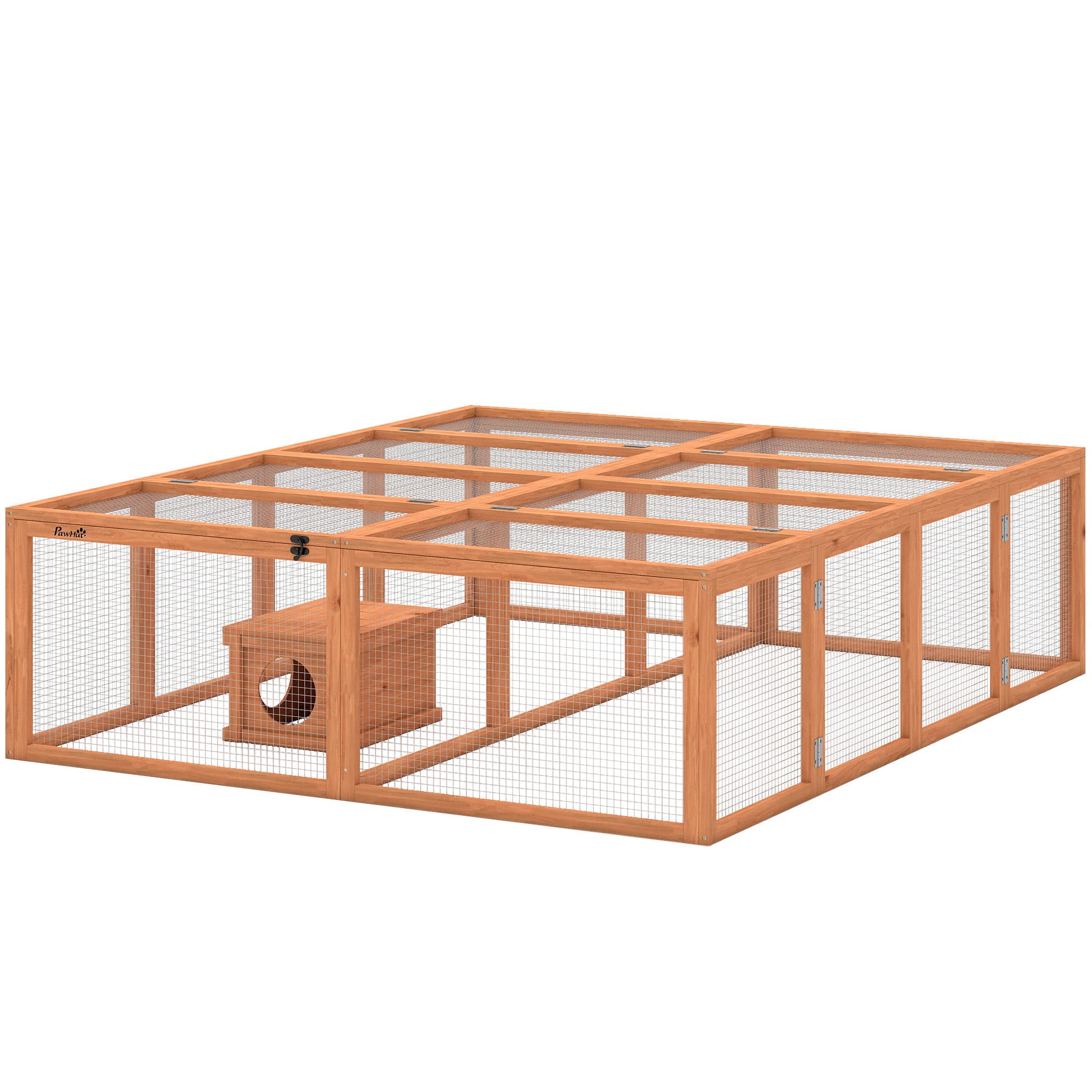 PawHut Enclos d'extérieur pour lapins en bois avec 2 portes maisonnette pour 2-4 lapins nains 180,4 x 150 x 48 cm Orange