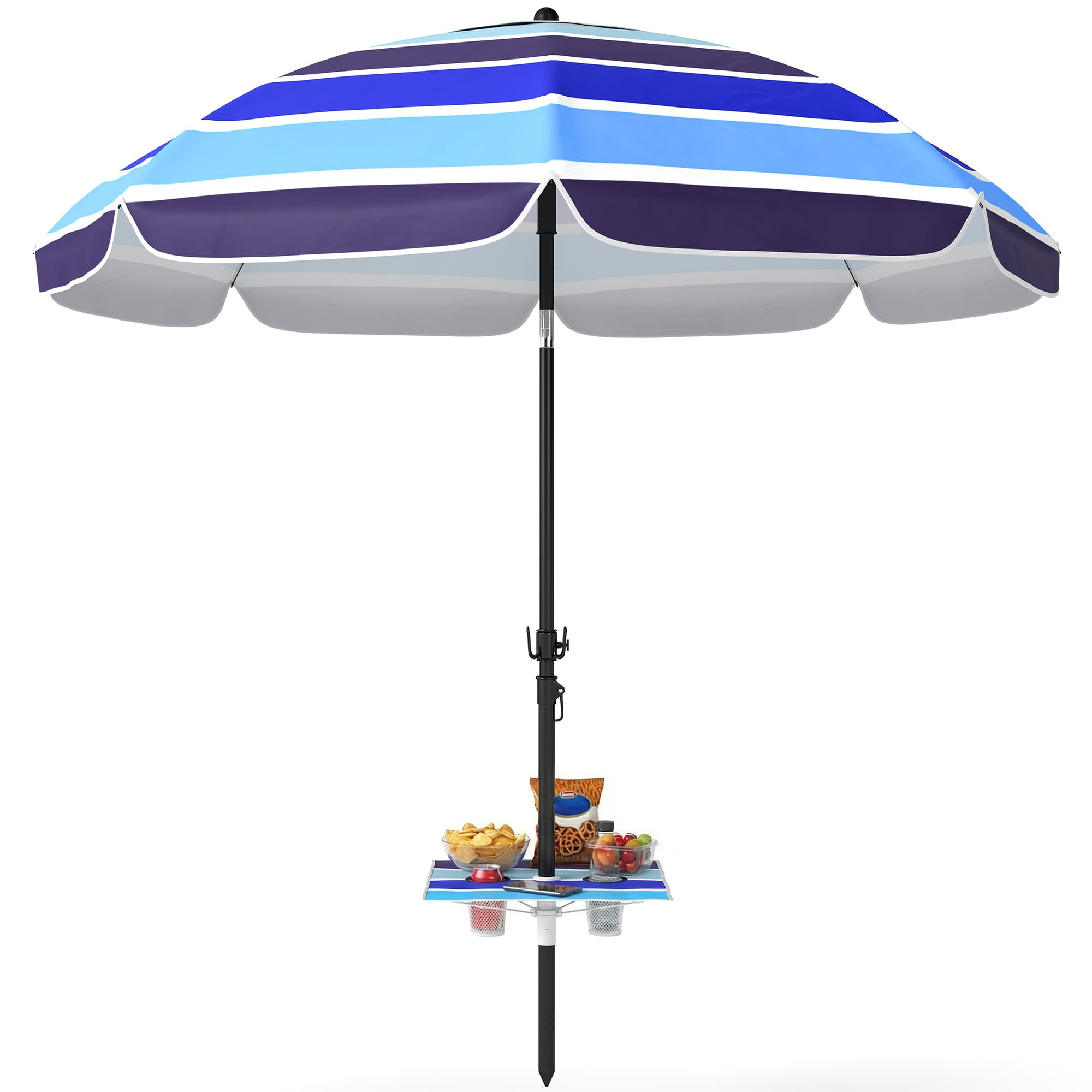 Outsunny Parasol de plage Ø198 cm UV30+ Parasol avec table pliante porte-boissons inclinaison réglable Multicolore