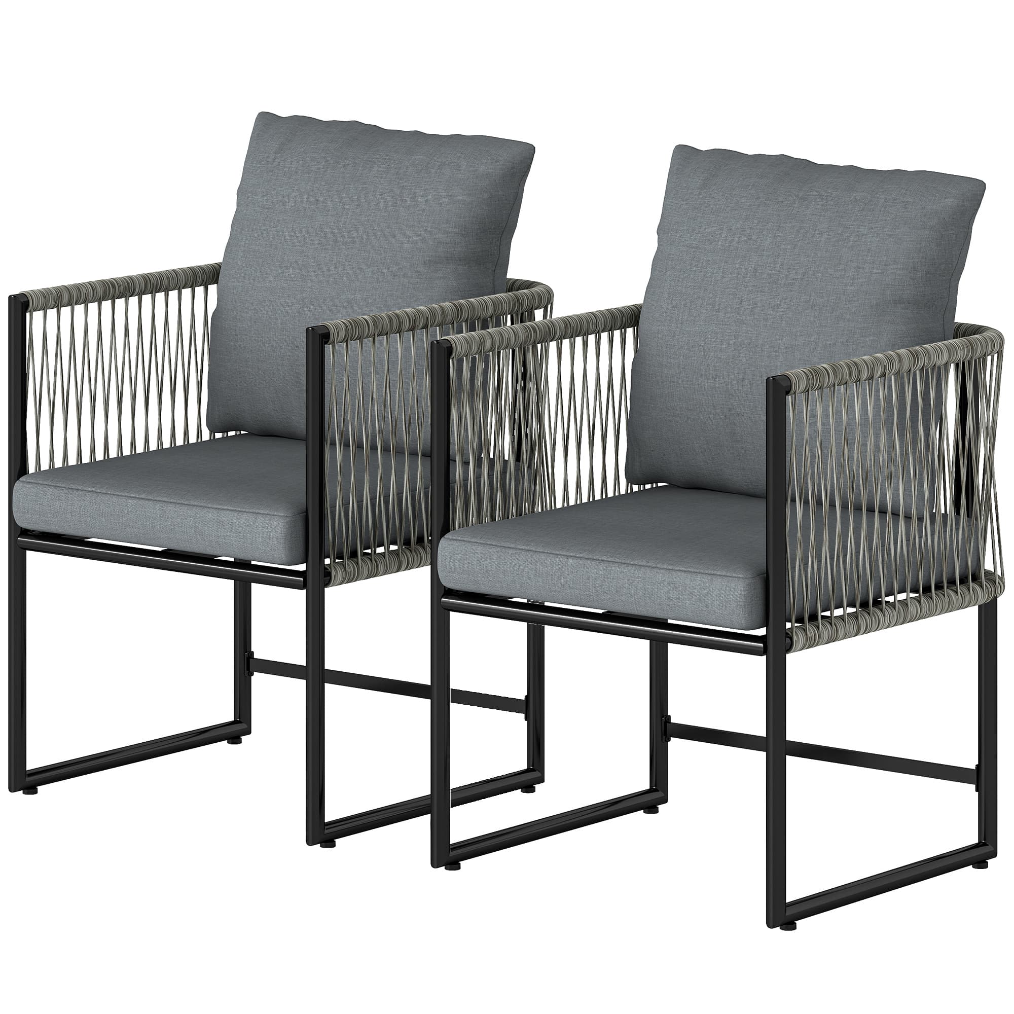 Outsunny Lot de 2 fauteuils de jardin résistants aux intempéries en acier et PE-Rattan avec coussins accoudoirs dossier 52x52x66 cm Gris foncé