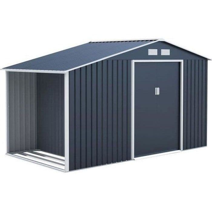 Abri de jardin en métal et abri bûches 6,53 m2 - 342 x 191 x 202 cm - SOLIS - Kit d'ancrage inclus, 2 portes coulissantes - Gris