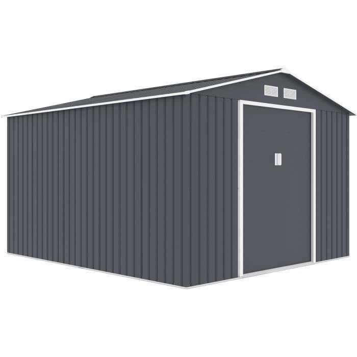 Abri de jardin en métal 8,84 m2 - 277 x 319 x 202 cm - URANUS - Kit d'ancrage inclus, 2 portes coulissantes - Gris