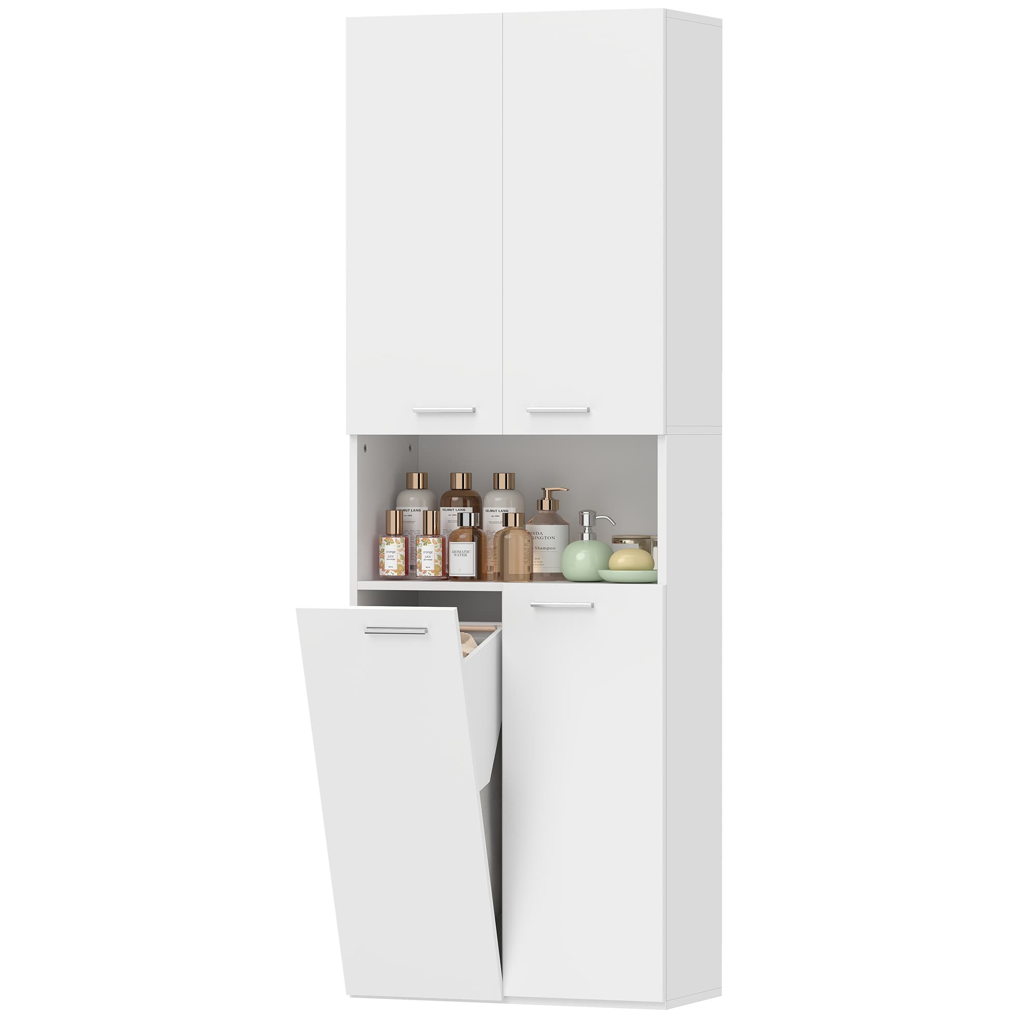 HOMCOM Meuble de Salle de Bain Haut 174 cm avec Panier à Linge Basculant, Blanc.