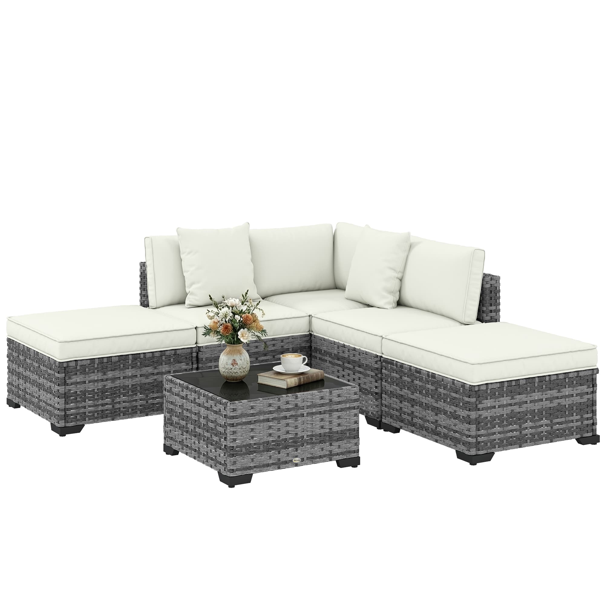 Outsunny Ensemble de meubles de jardin en rotin 6 pièces avec fauteuil d'angle, sièges sans accoudoirs, repose-pieds et table, Gris mélangé