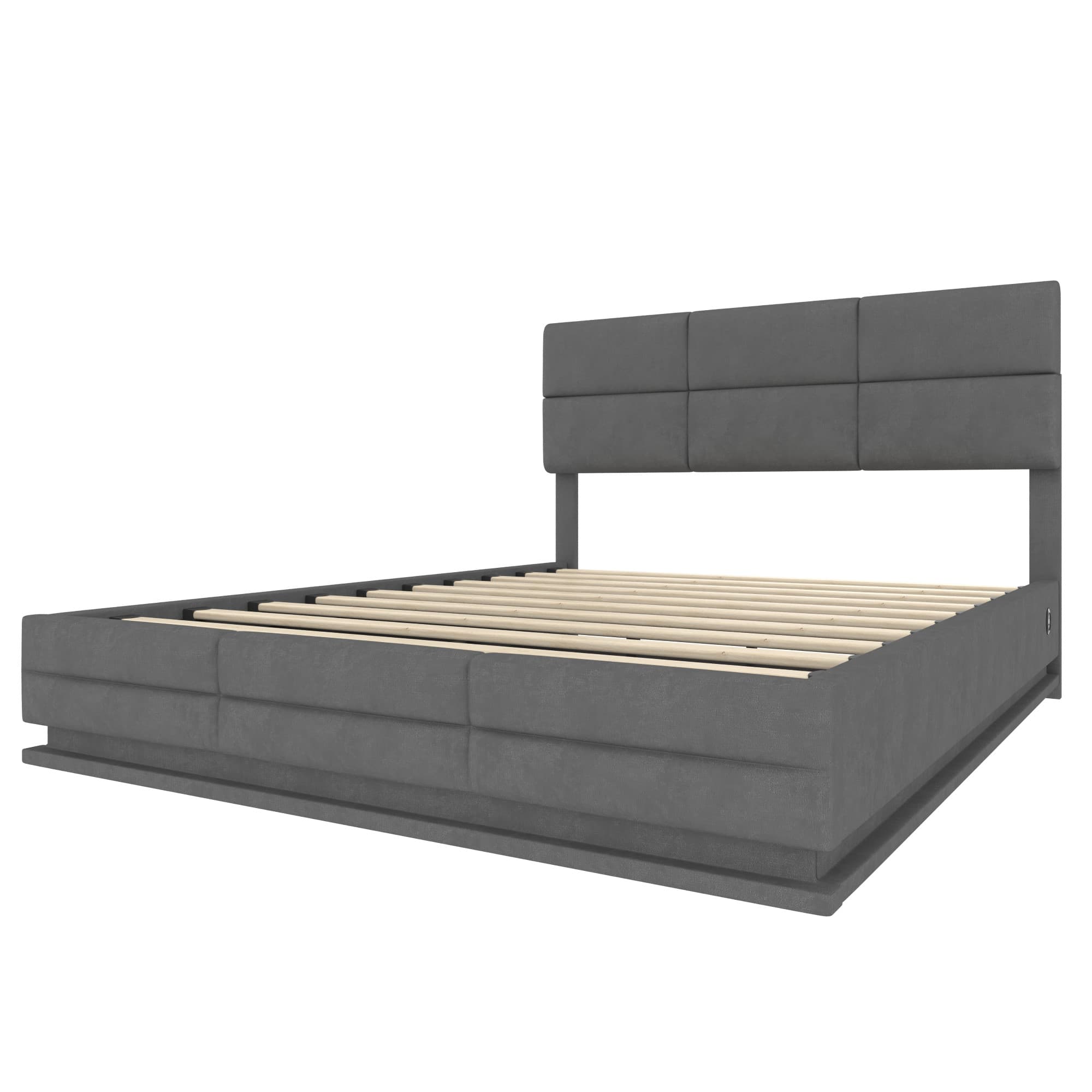 Lit rembourré en velours avec tête de lit réglable en hauteur, éclairage LED et système de levage hydraulique, sans matelas, 160x200 cm, Gris