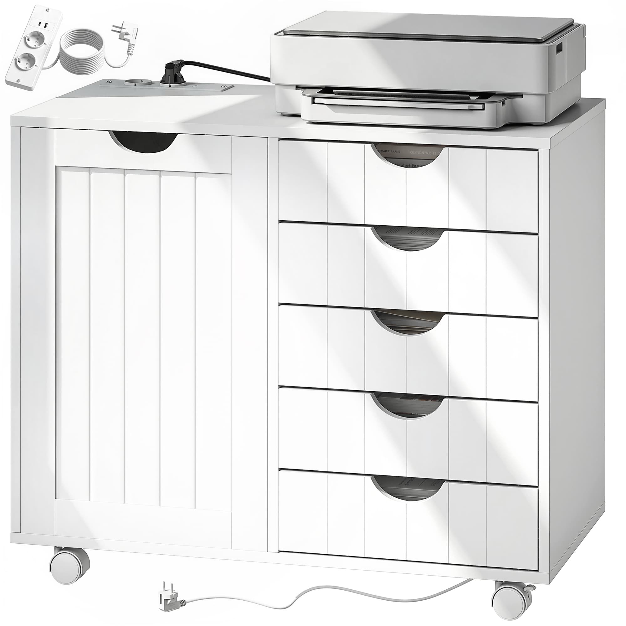 HOMCOM Meuble pour Imprimante avec Station de Charge et Roulettes 5 Tiroirs Ports USB Étagère Réglable Blanc
