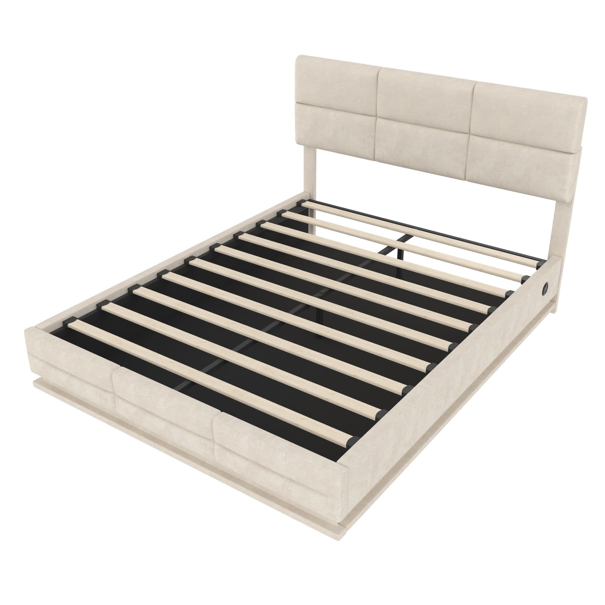 Lit rembourré en velours avec tête de lit réglable en hauteur, éclairage LED et système de levage hydraulique, sans matelas, 160x200 cm, Beige