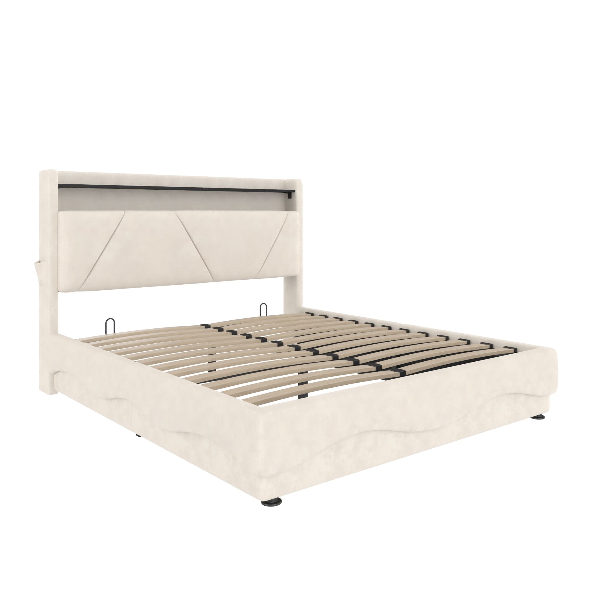 Lit rembourré avec tête de lit LED et rangement, sommier à lattes avec vérins à gaz, sans matelas, 140x200 cm, Beige