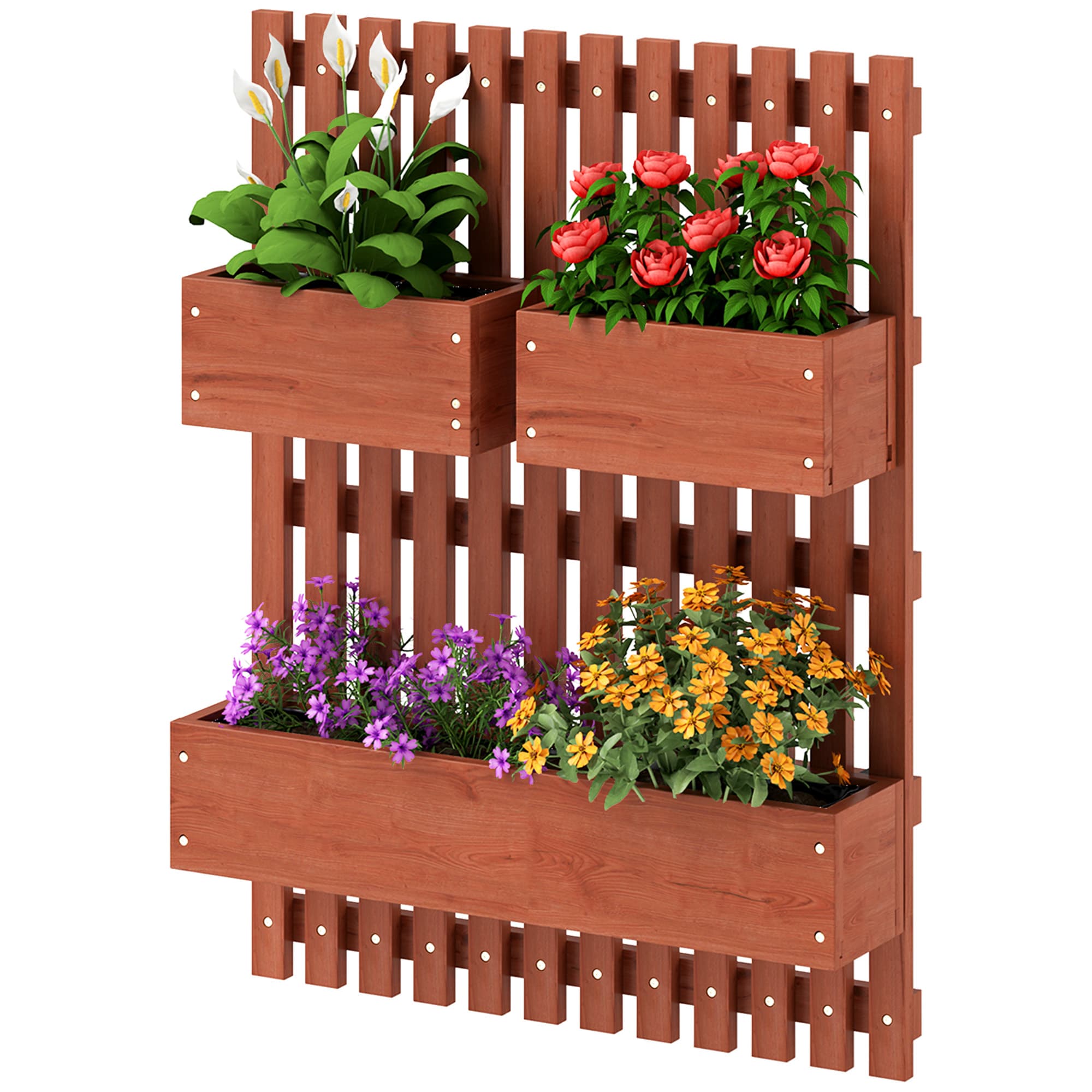 Outsunny Jardinière verticale à lattes avec 3 pots amovibles, en bois d'épicéa, 60x16x80 cm, Marron