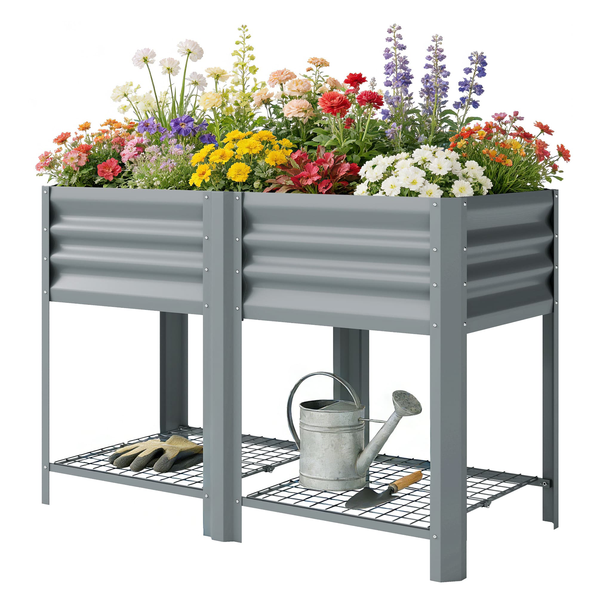 Outsunny Bac surélevé avec étagère de rangement, 150L, Acier galvanisé, Hauteur 80 cm, pour jardin ou patio extérieur