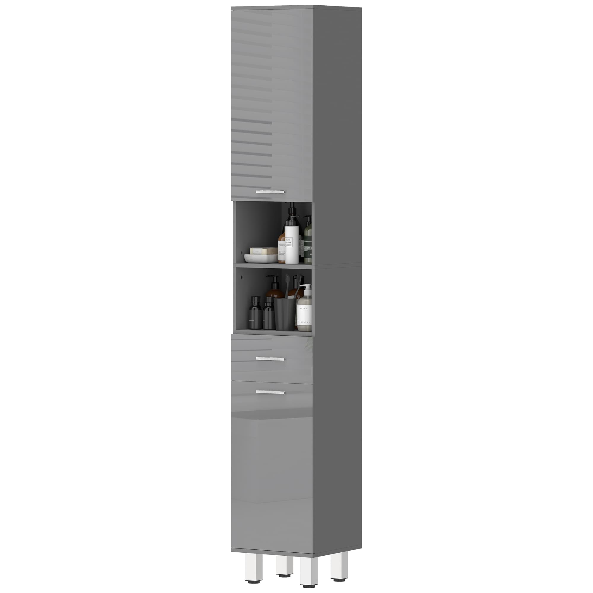 kleankin Armoire de salle de bain, commode de bain, avec étagères et tiroir, réglable, Gris