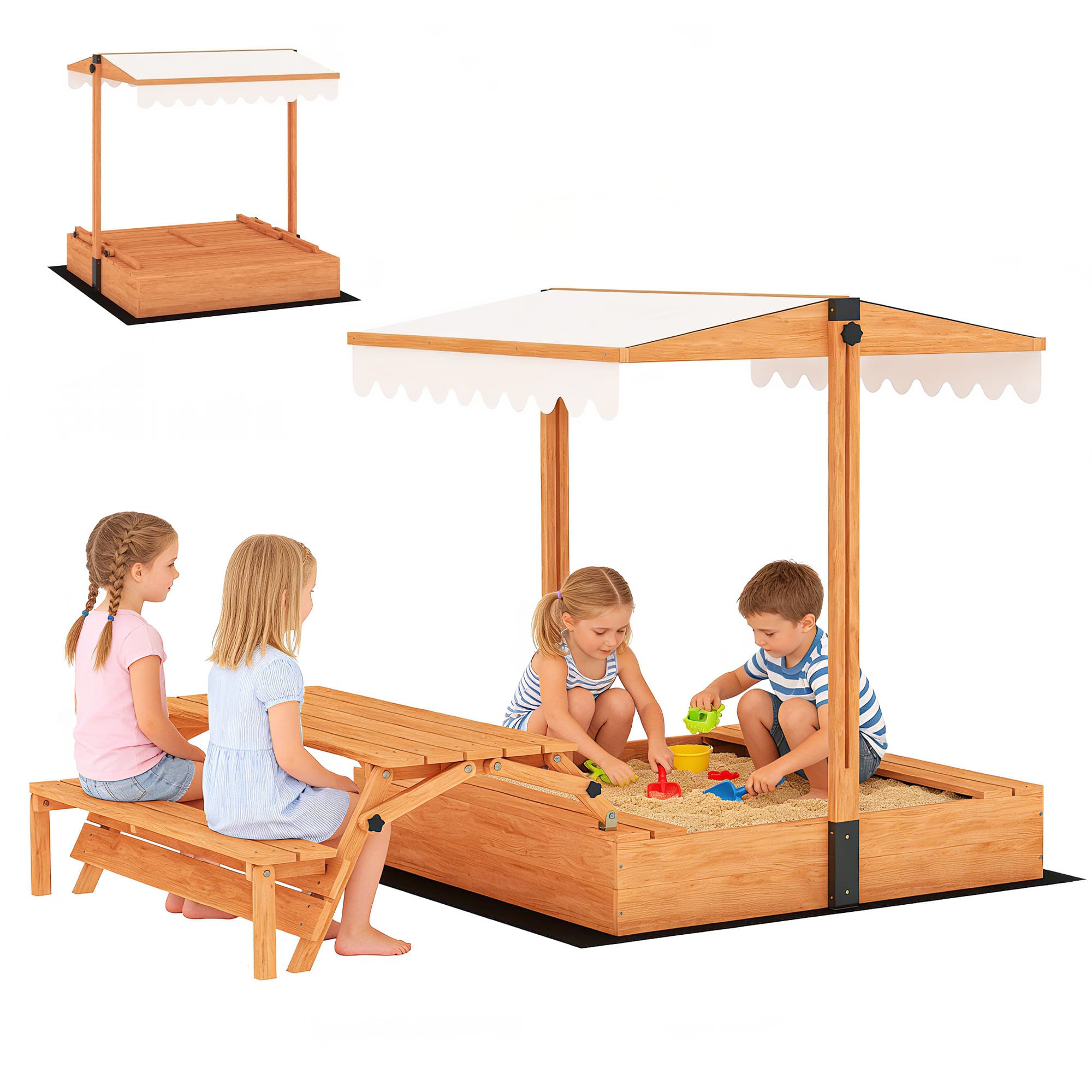 AIYAPLAY Bac à Sable en Bois avec Auvent Réglable Table de Pique-nique avec Bancs 6 Enfants de 3-8 Ans 184x110x120 cm Marron