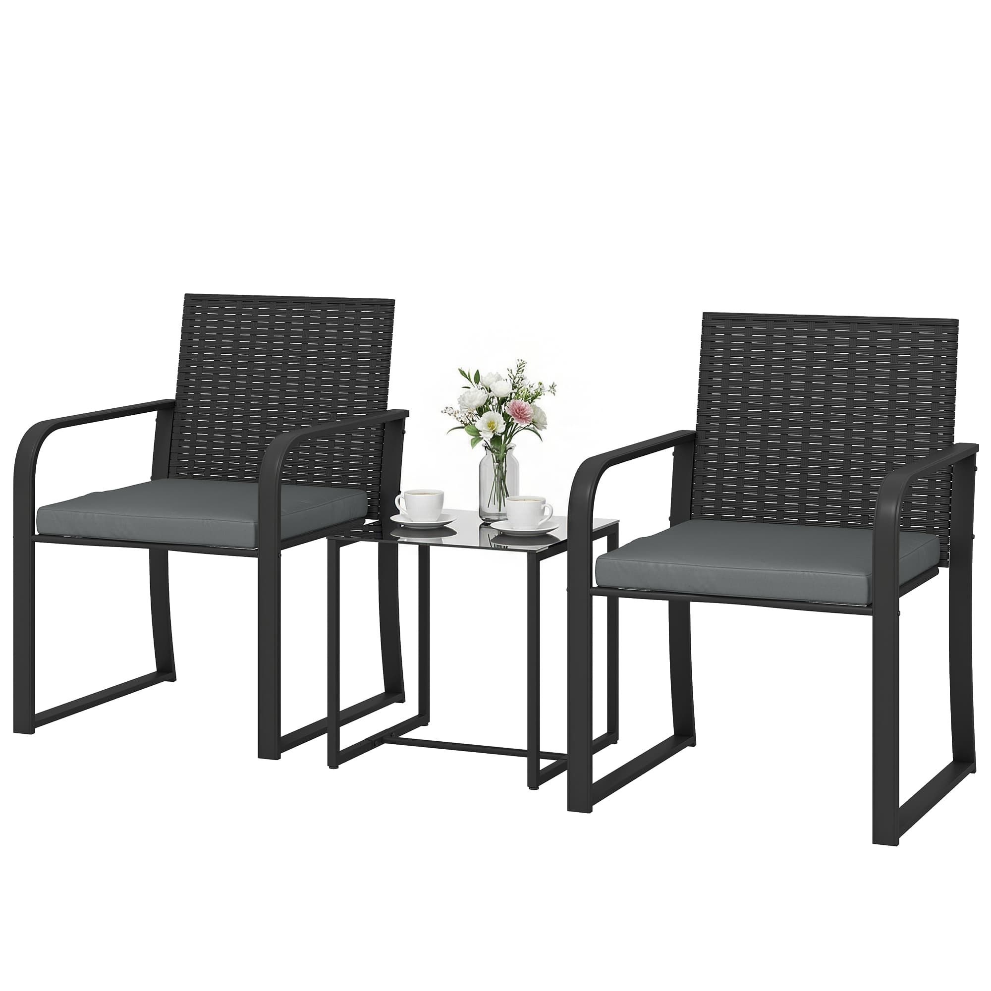 Outsunny Ensemble de meubles de jardin en rotin synthétique avec 2 fauteuils avec coussins et table avec plateau en verre gris