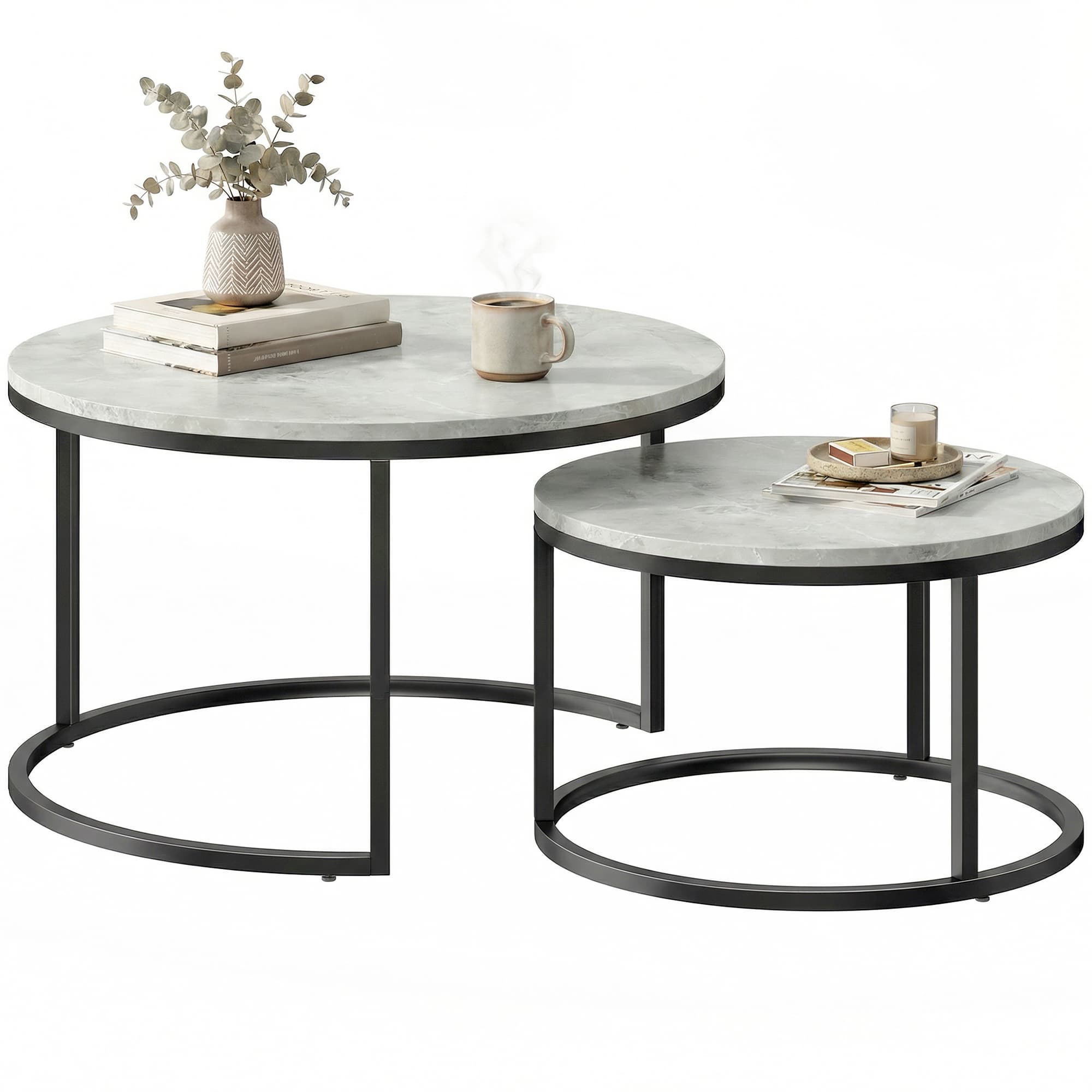 HOMCOM Lot de 2 tables basses gigognes empilable design industriel pieds en métal gris