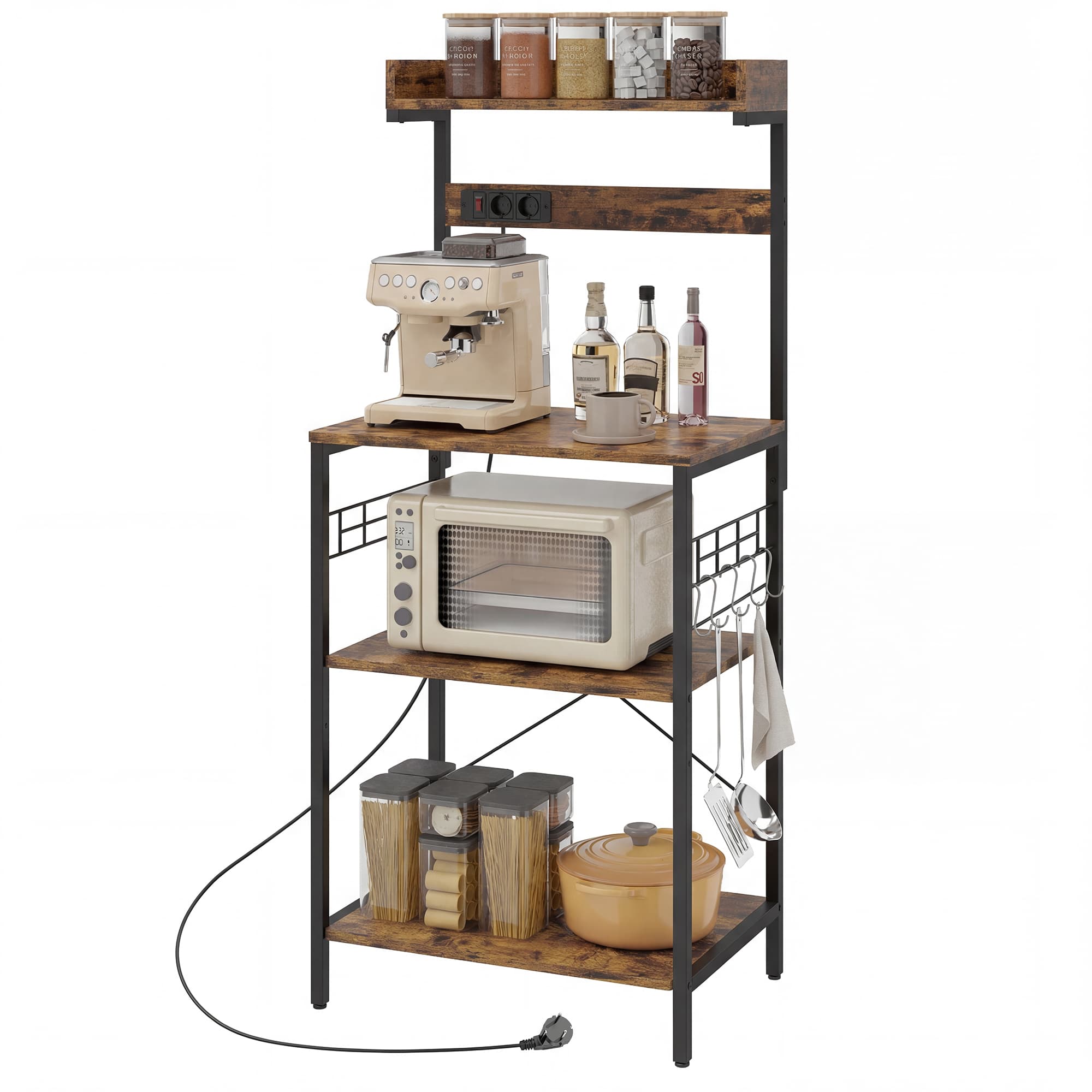 HOMCOM Étagère de cuisine avec 2 prises Étagère pour micro-ondes Étagère réglable Crochets 60x42x137 cm Brun rustique