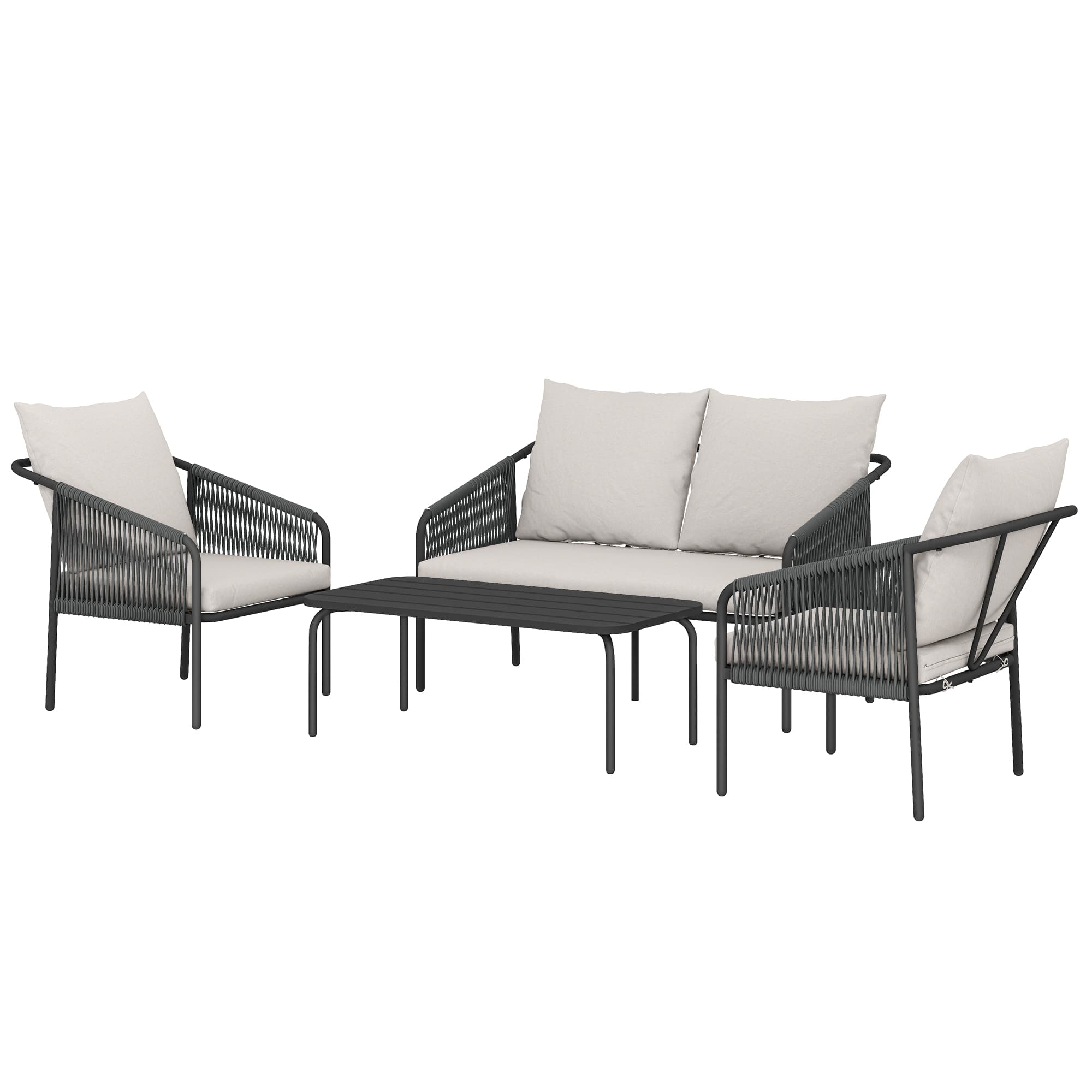 Outsunny Ensemble de jardin 4 pièces Polyrattan salon avec canapé 2 places 2 fauteuils table basse coussins amovibles sangles
