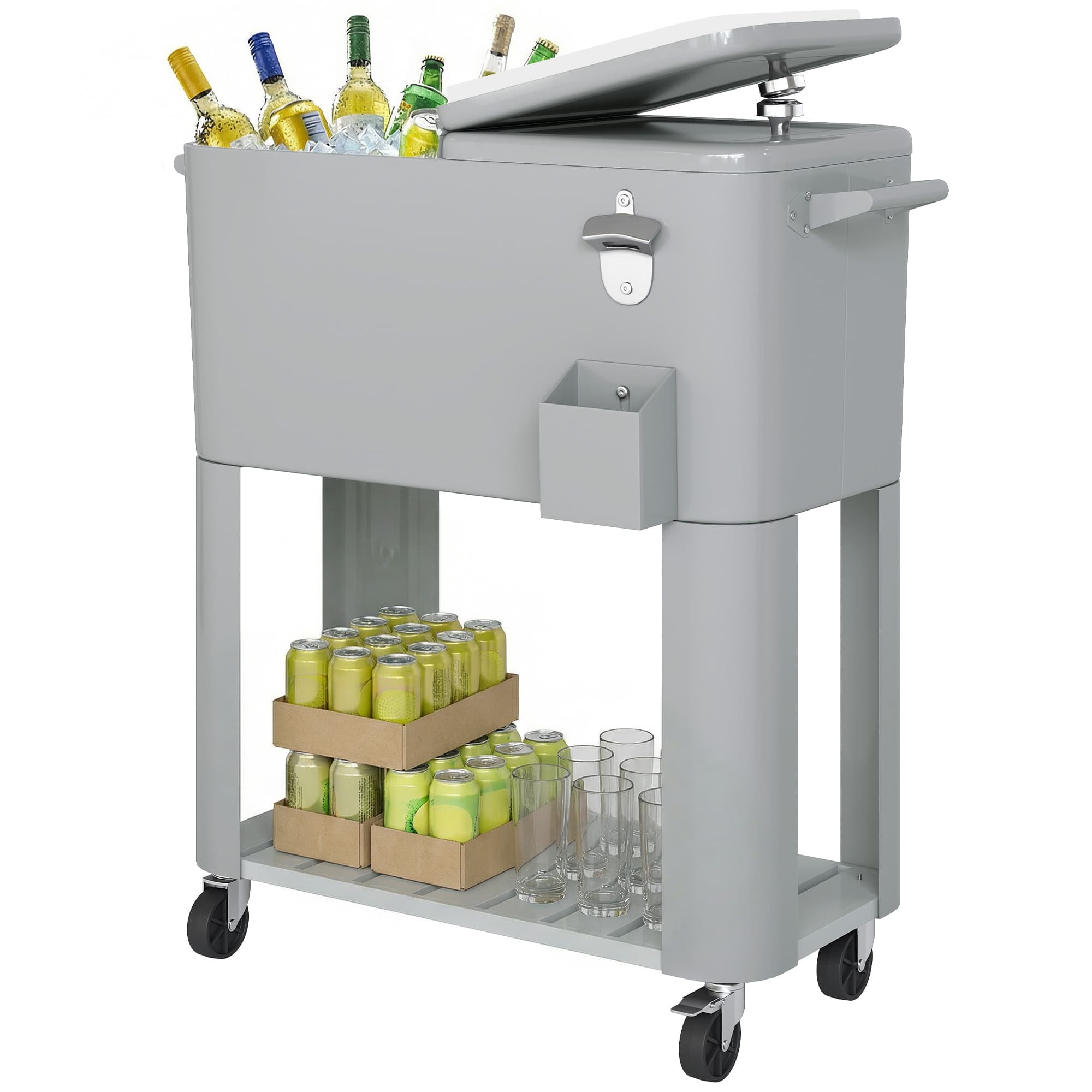 Outsunny Glacière portable 76 L avec roues, étagère et ouvre-bouteille, en plastique, métal et acier, 92x39x81 cm, Argent