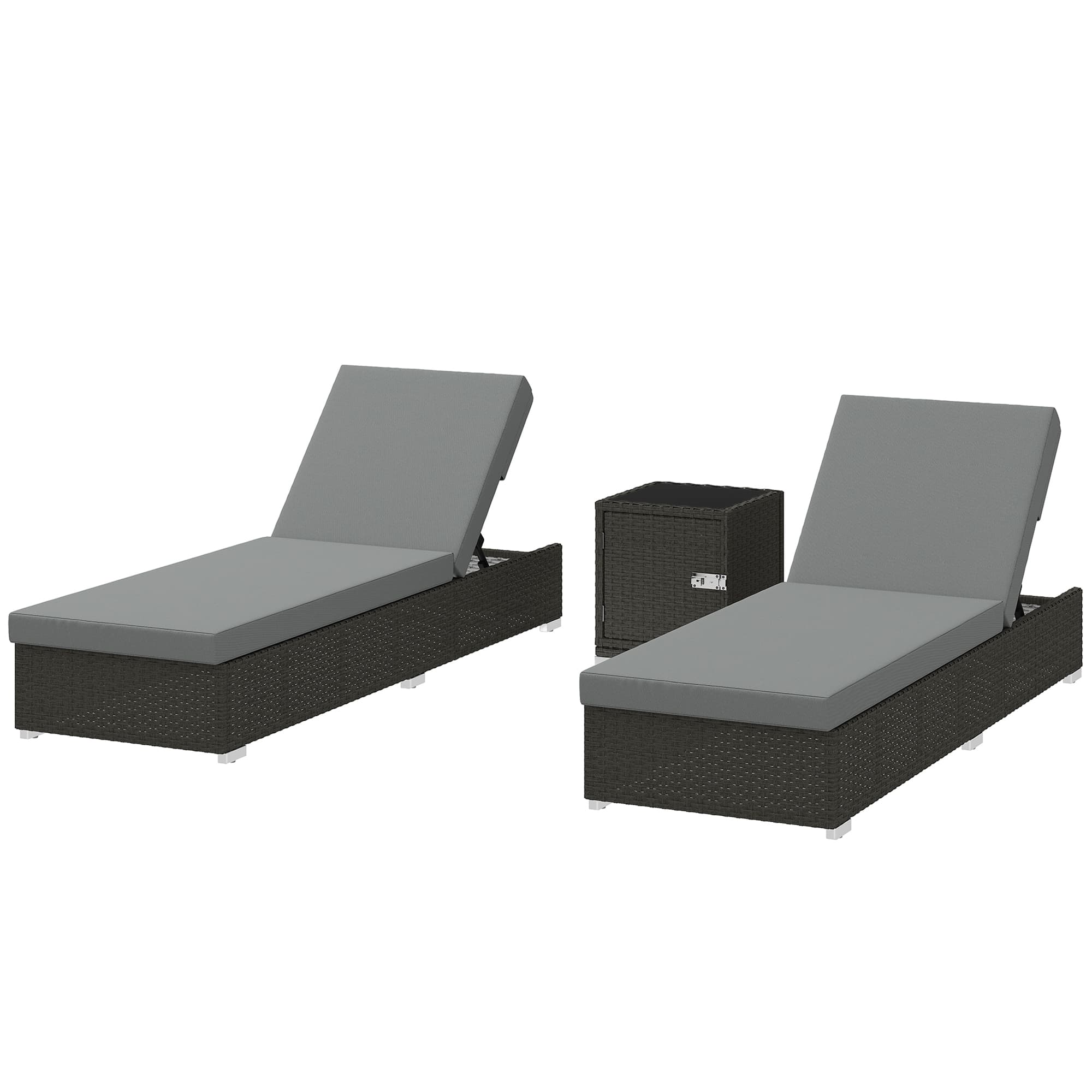 Outsunny Set 2 Chaises longues de Jardin en Rattan avec Table latérale et Dossier Réglable, 184x60x22 cm, Gris Foncé