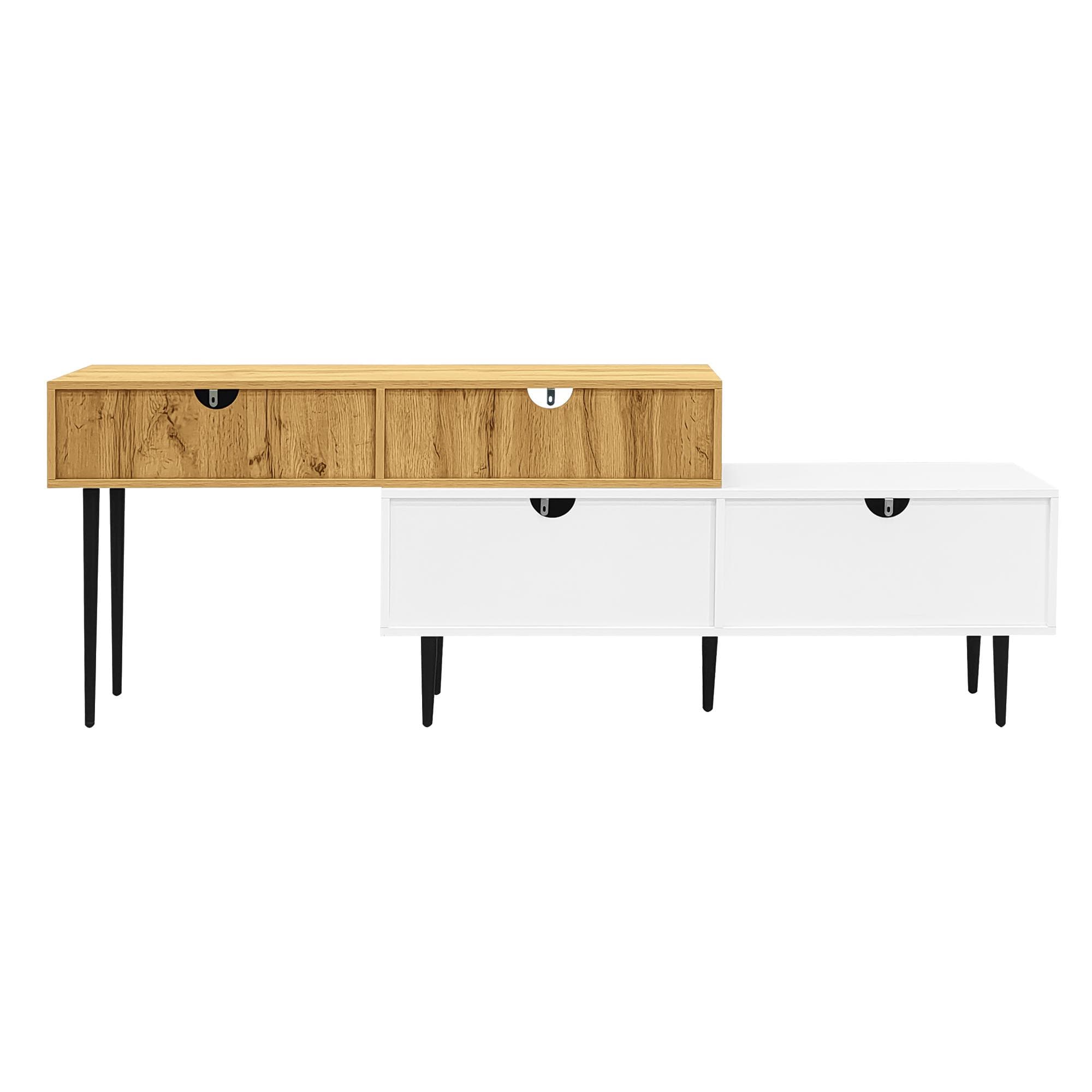 Meuble TV à longueur réglable, design modulaire en 2 parties, 130-220x30x63,4 cm, Couleur naturelle