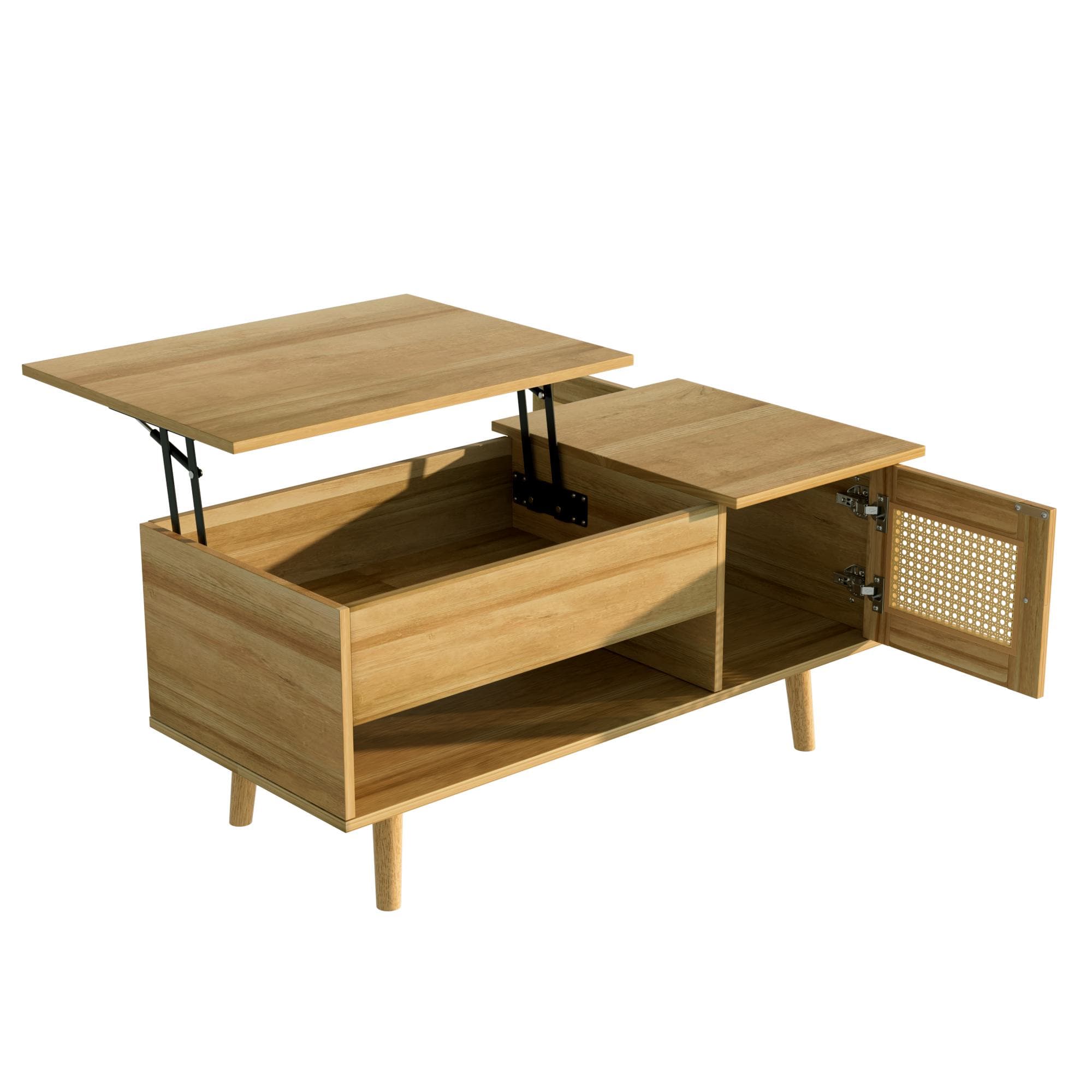 Table basse avec plateau relevable et portes en rotin, rangement pratique, 103x50x46 cm, Couleur naturelle