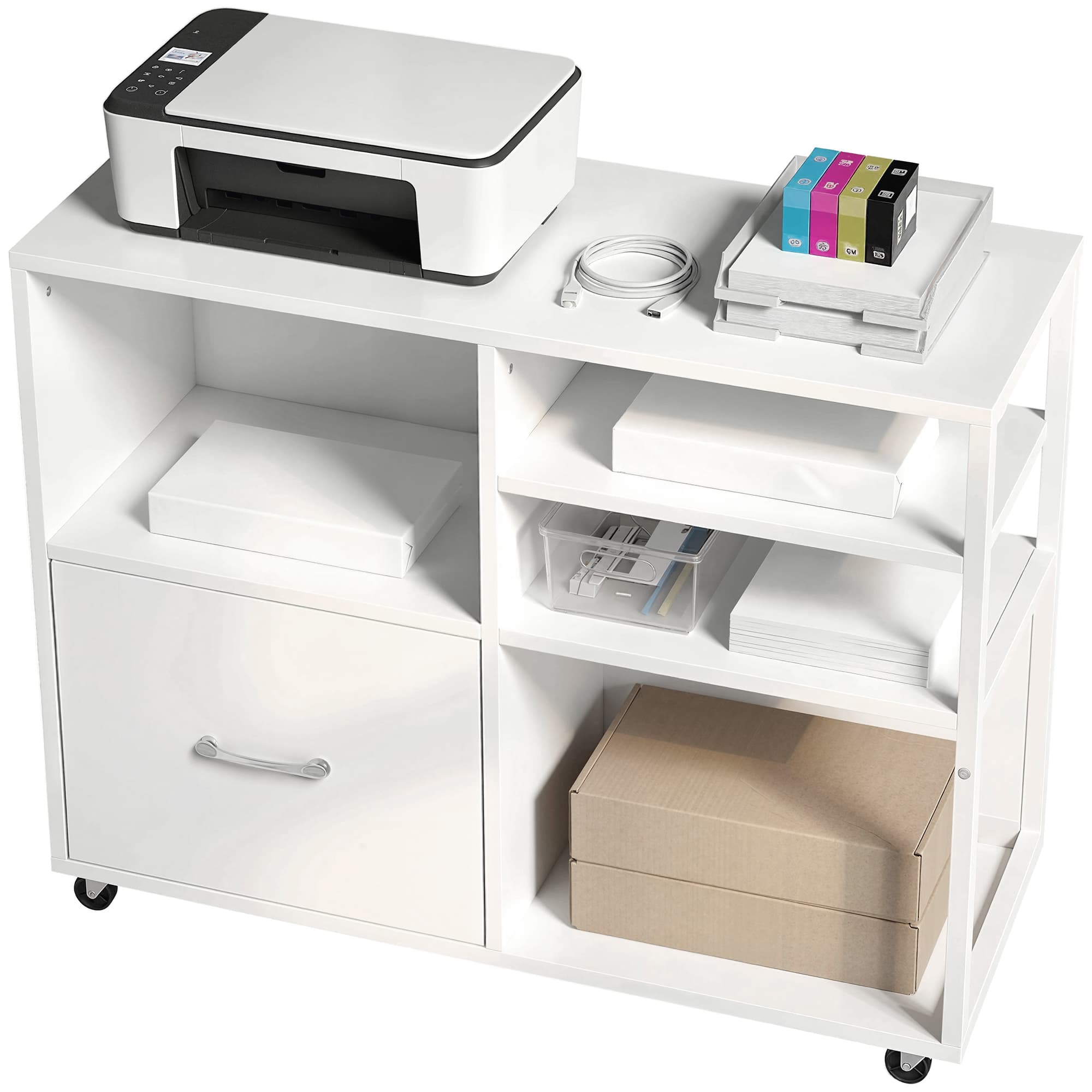 HOMCOM Meuble pour imprimante à roulettes Table pour imprimante avec étagères ouvertes et tiroir pour documents format A4 Blanc
