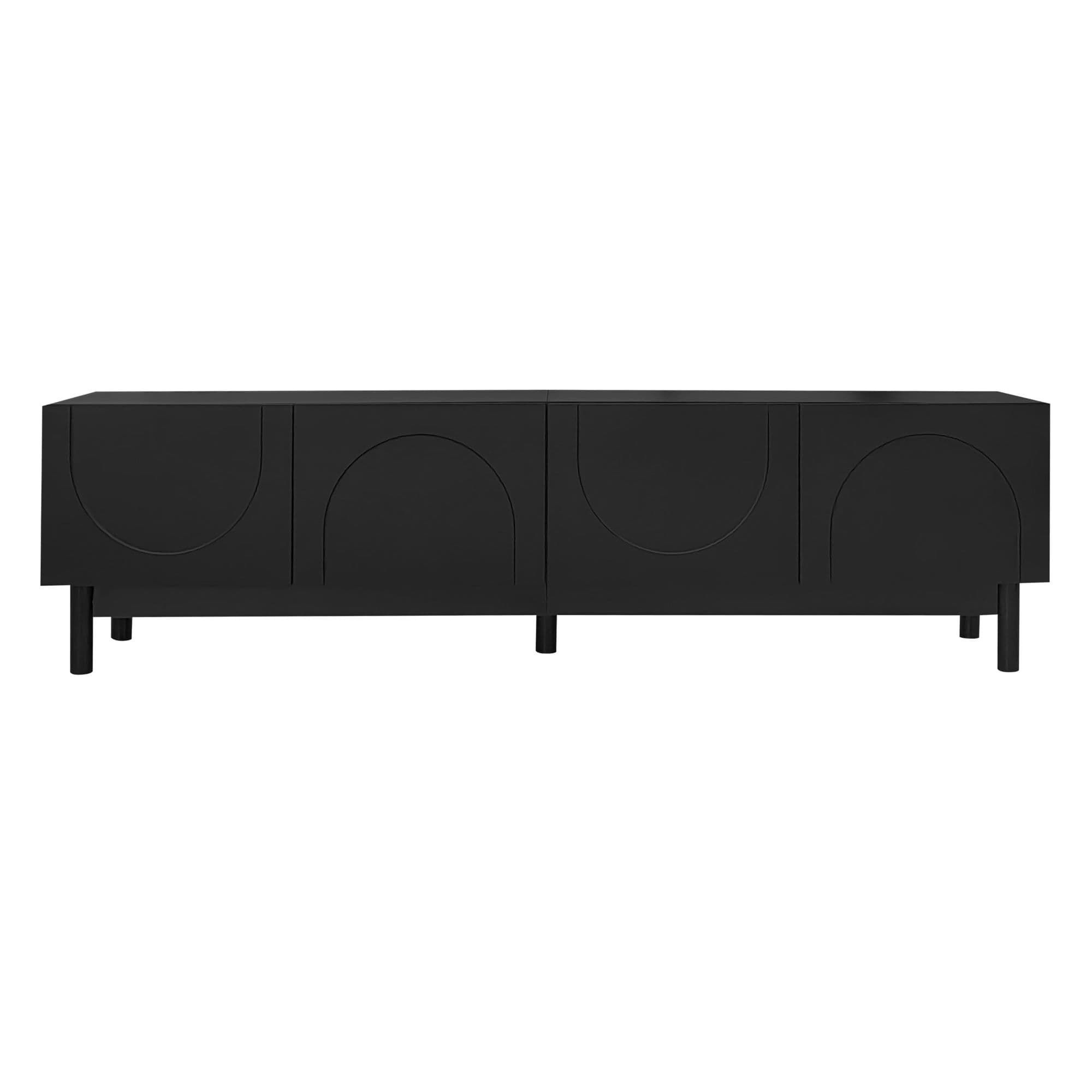 Meuble TV à portes cintrées, espace de rangement généreux, 169x34x45,5 cm, Noir