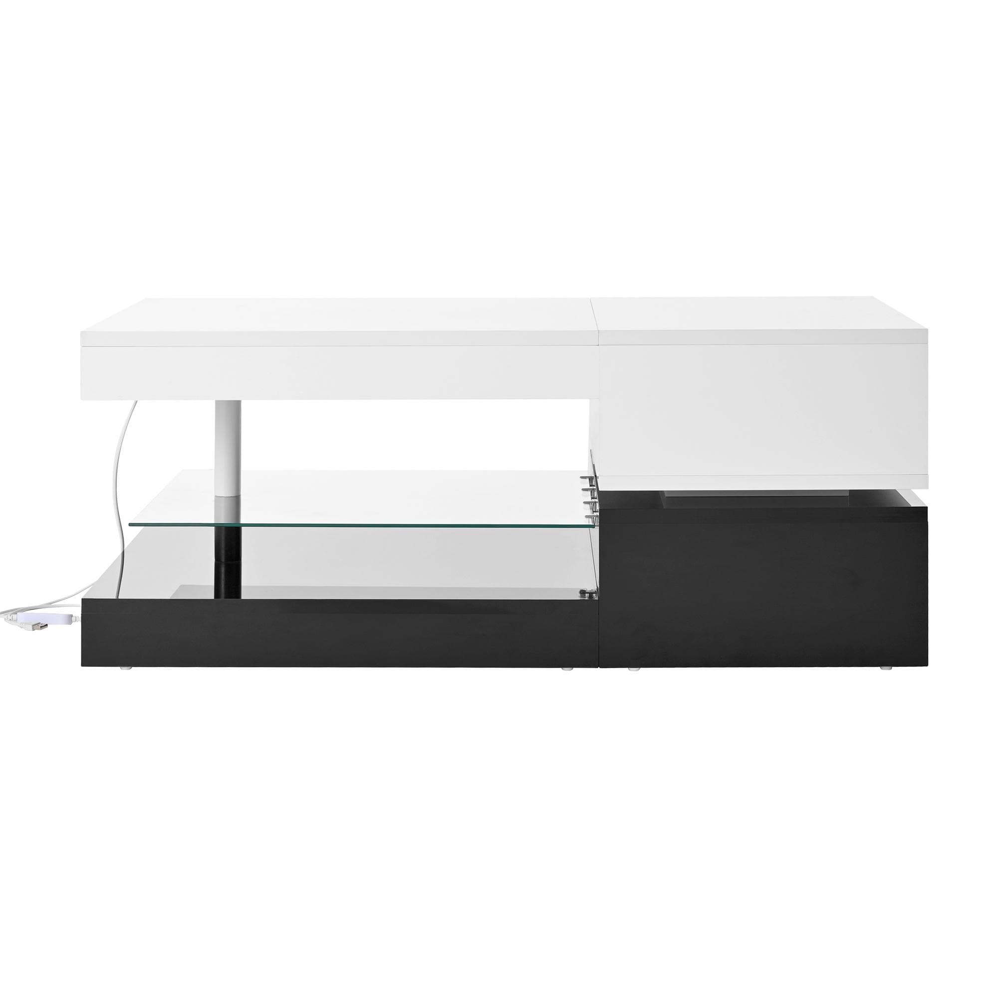 Table basse avec éclairage d'ambiance LED, étagère en verre & surface laquée brillante, 90x45x35,5 cm, Blanc+Noir
