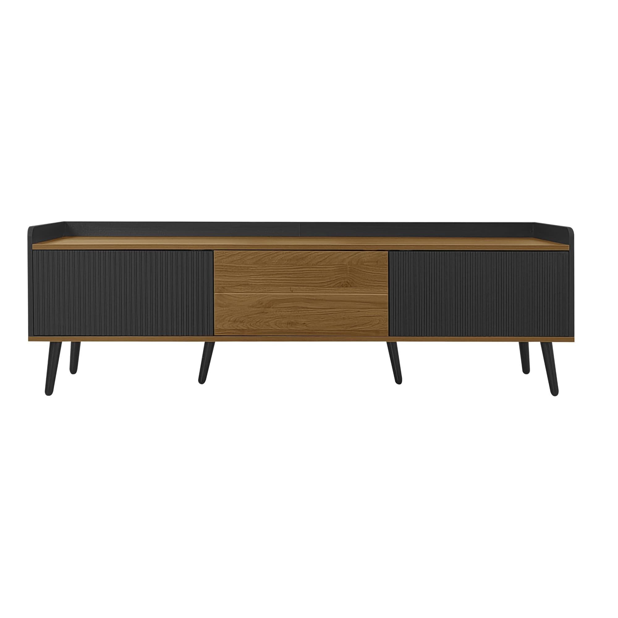 Meuble TV à 3 portes, pieds en bois et rebord surélevé, 160x39x49,5 cm, Couleur naturelle+Noir