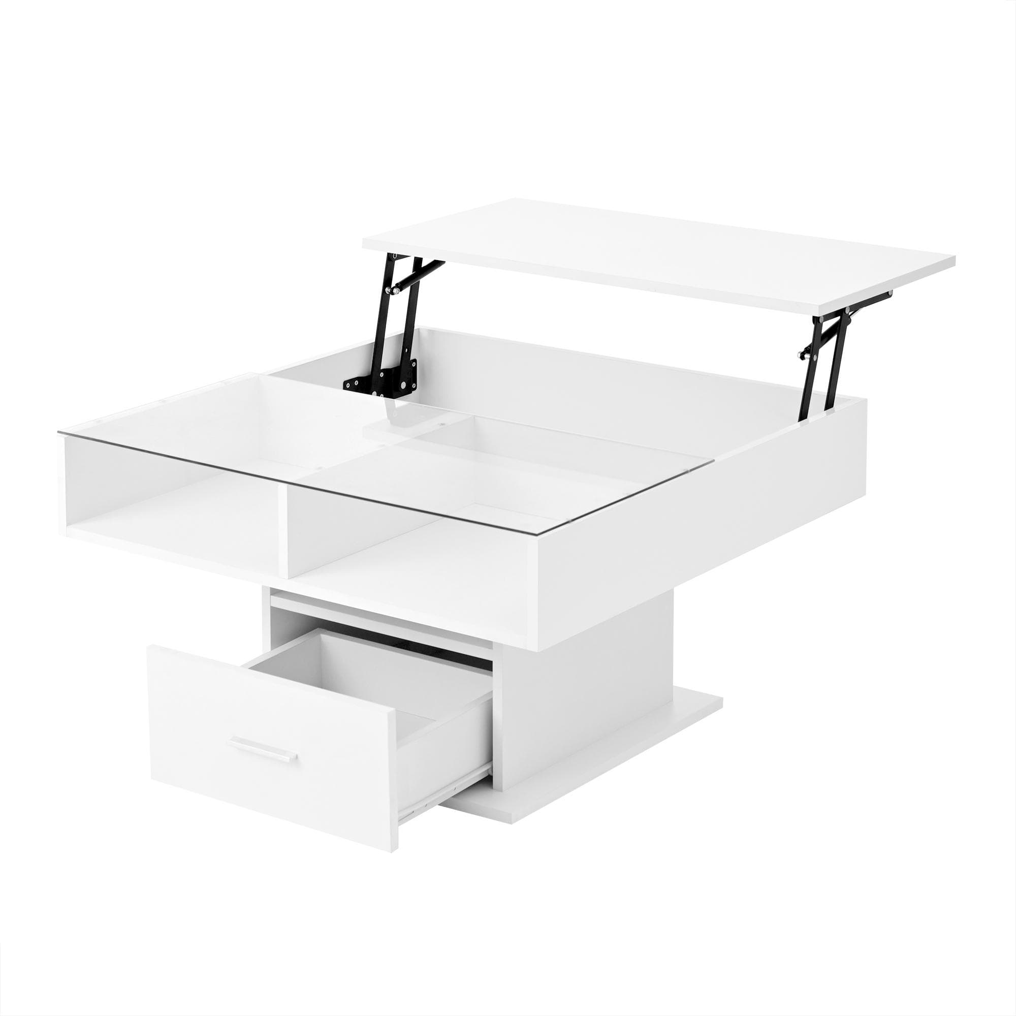 Table basse multifonction laquée brillante à mécanisme relevable avec éclairage LED, réglable en hauteur et rangement modulable, 78x78x45,5 cm, Blanc