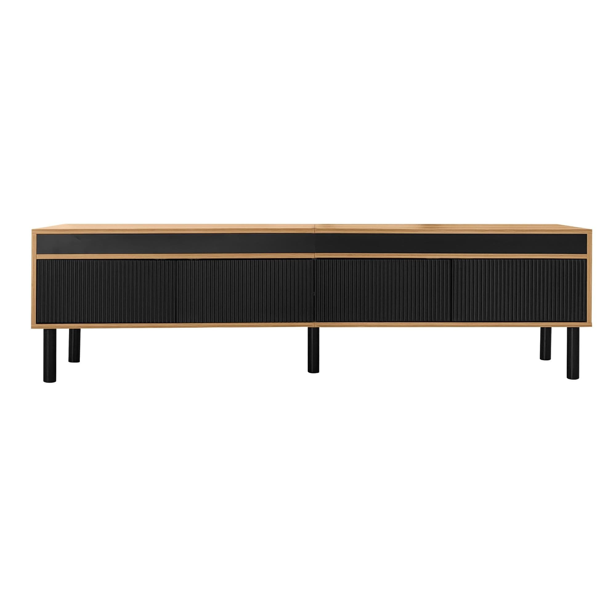 Meuble TV à trois portes, pieds en bois solides, 170x38x47 cm, Couleur naturelle+Noir