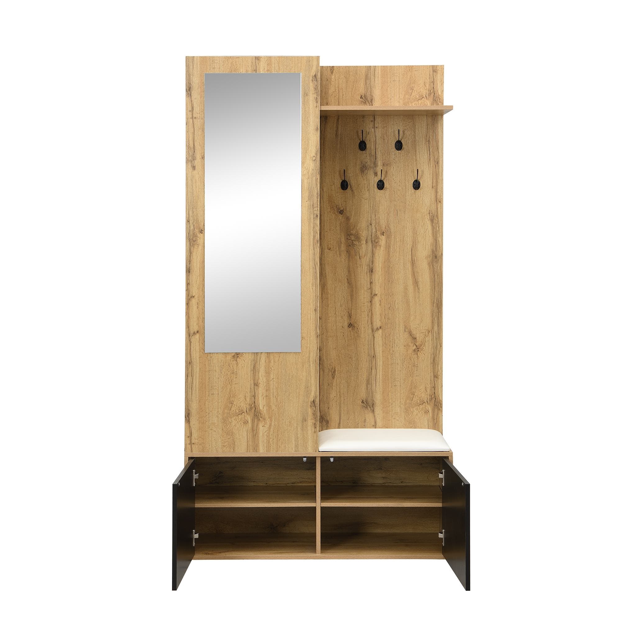 Ensemble d'entrée avec 5 patères, miroir, meuble à chaussures et banc d'entrée, 100x38x191 cm, Noir+Couleur naturelle