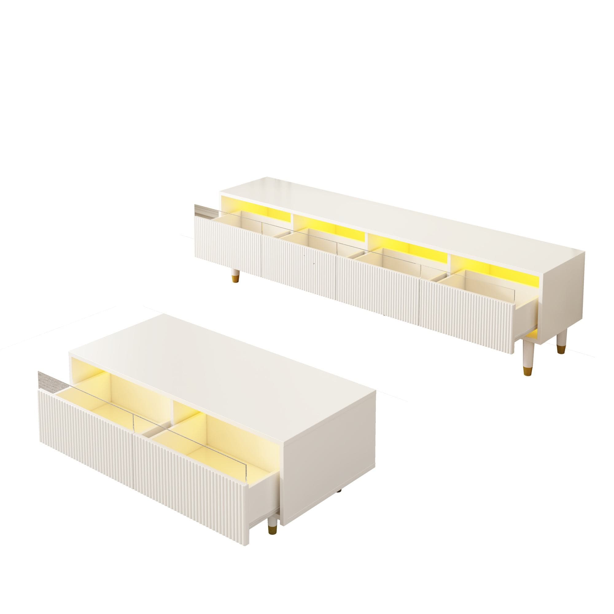 Ensemble de meubles LED moderne, meuble TV avec 4 portes & table basse avec 2 tiroirs, 178x35x45+110x50x40 cm, Blanc