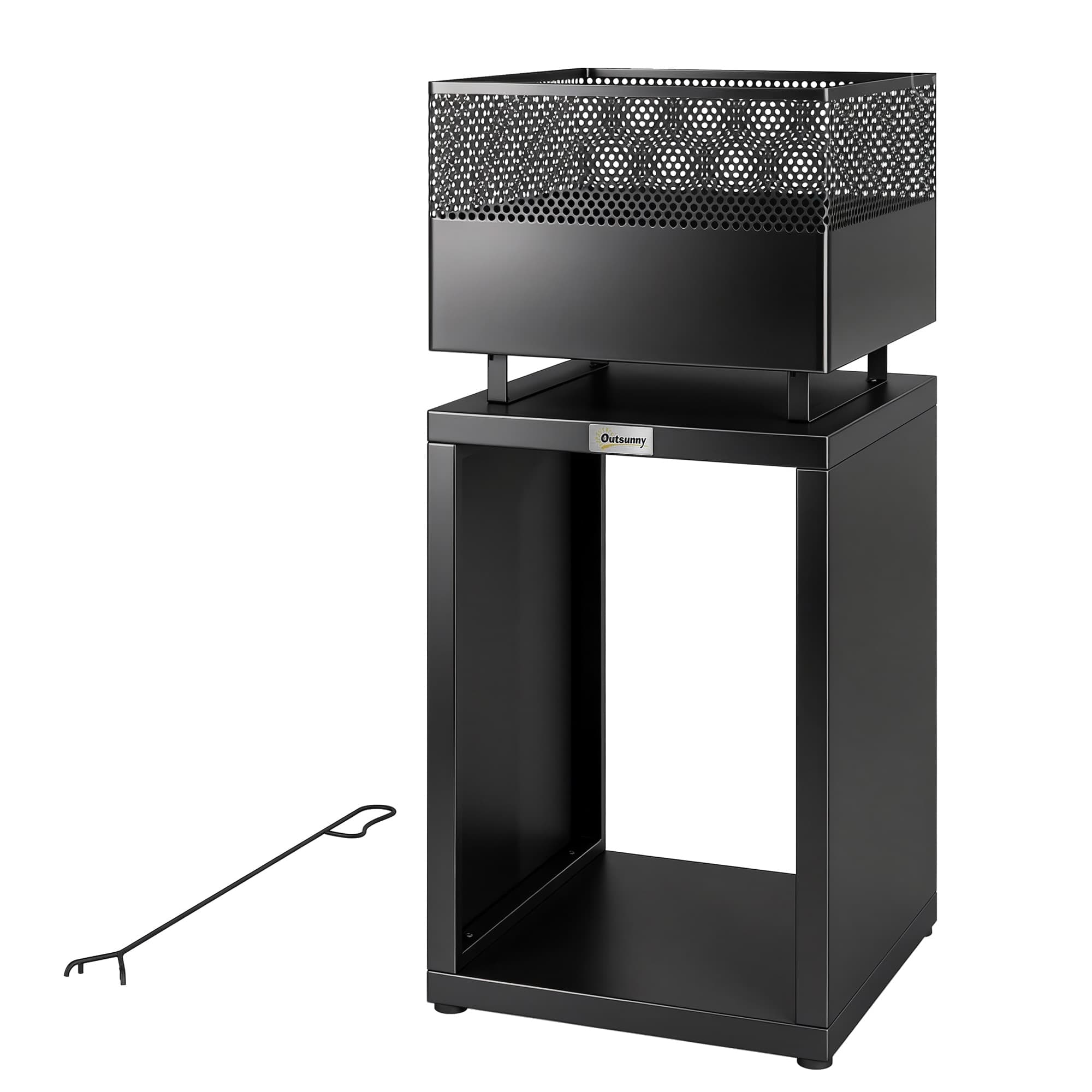 Outsunny Brasero 39 x 39 x 87 cm Foyer avec rangement pour bois, grille à charbon, pieds réglables, Noir