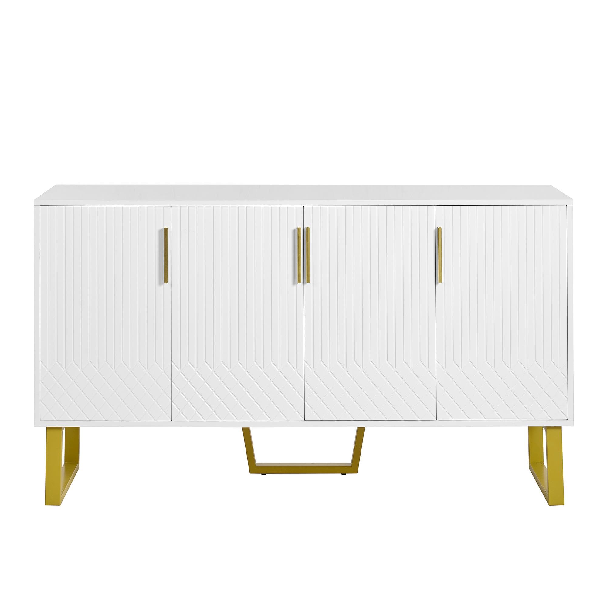 Buffet avec 4 portes, poignées et pieds en métal, grand espace de rangement, 140x40x80 cm, Blanc