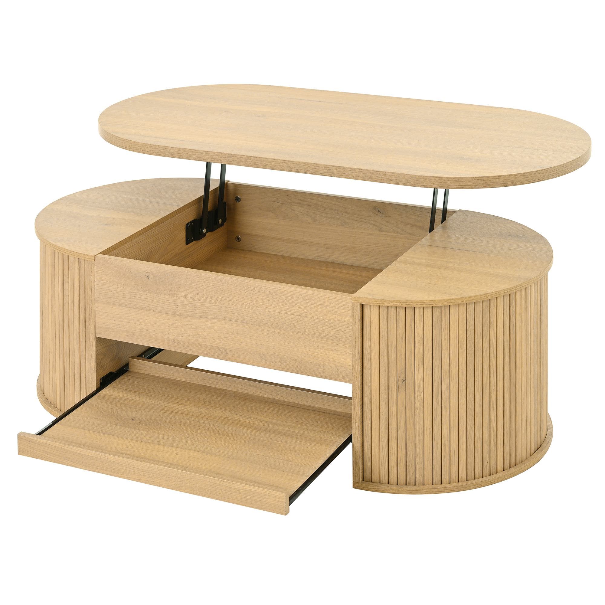 Table basse relevable avec étagère extensible et plateau de table réglable, Table basse avec côtés en bois courbés, 110x55,5x40 cm, Couleur naturelle