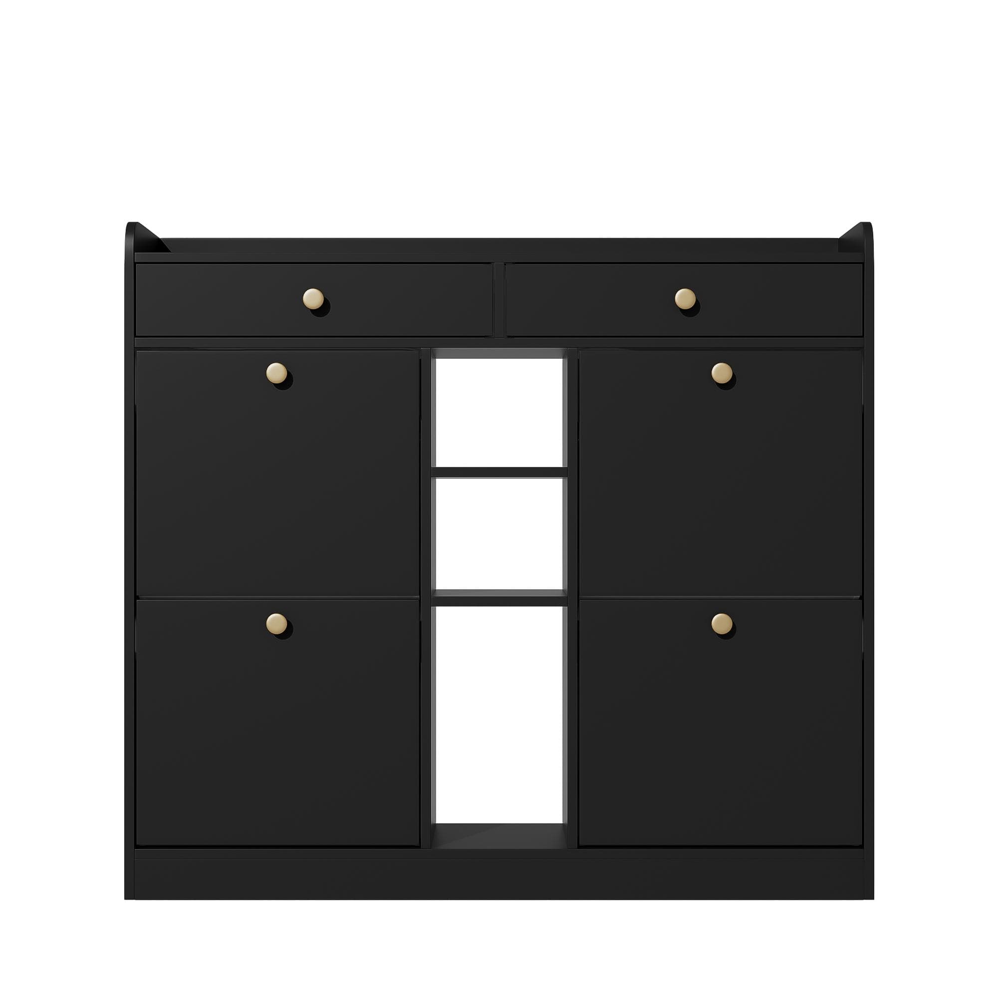 Meuble à chaussures avec 4 portes rabattables, 2 tiroirs et 3 compartiments ouverts, 110x26x100 cm, Noir