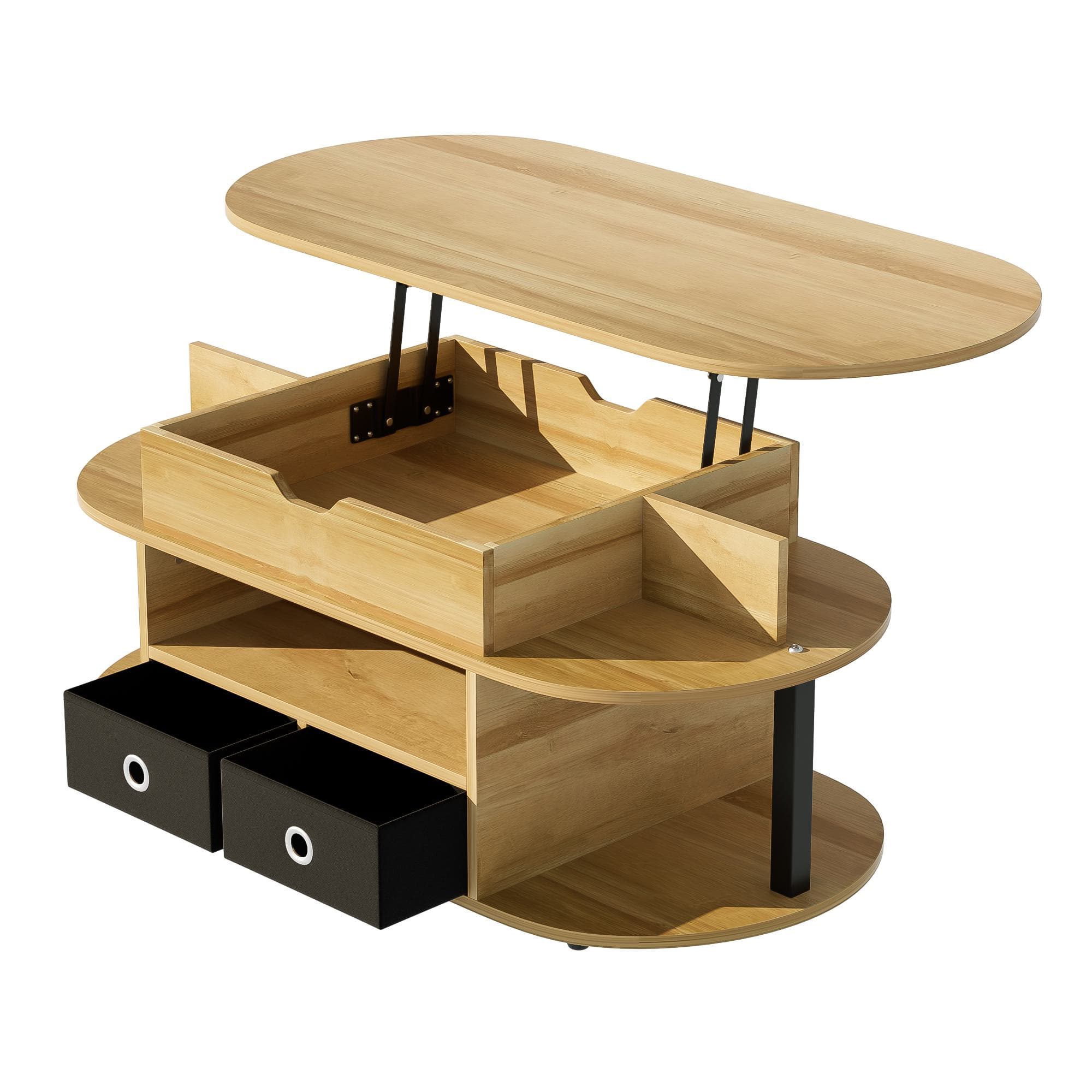 Table basse relevable, espace de rangement et tiroirs en tissu noir, 105x50x45 cm, Couleur naturelle
