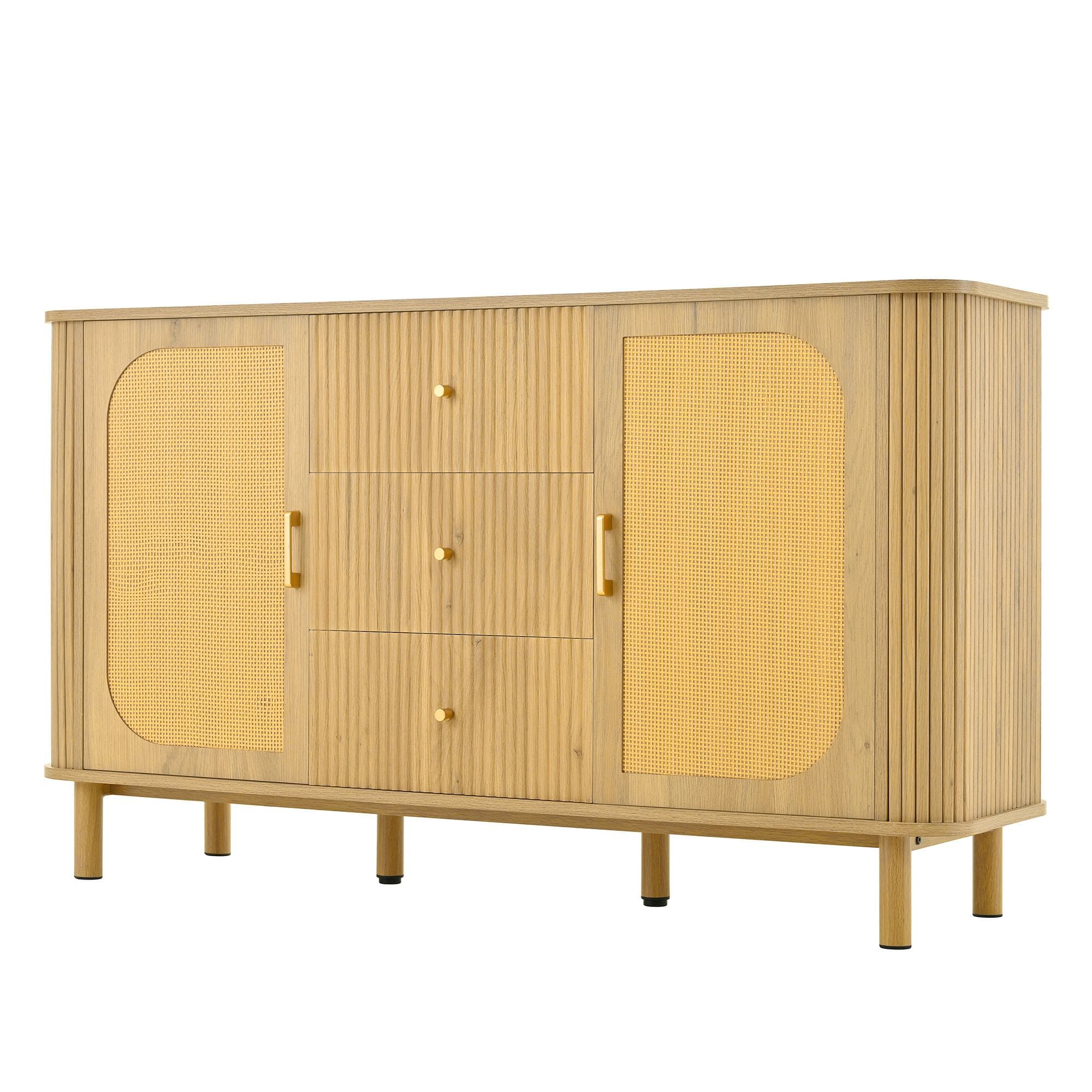 Buffet avec portes en rotin, design arrondi, 140x40x80 cm, Couleur naturelle