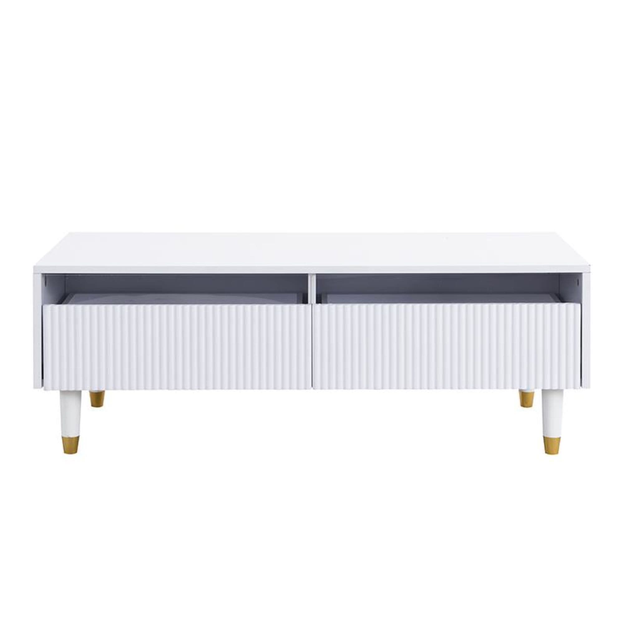 Table basse LED, 2 tiroirs et éclairage LED, 110x50x40 cm, Blanc