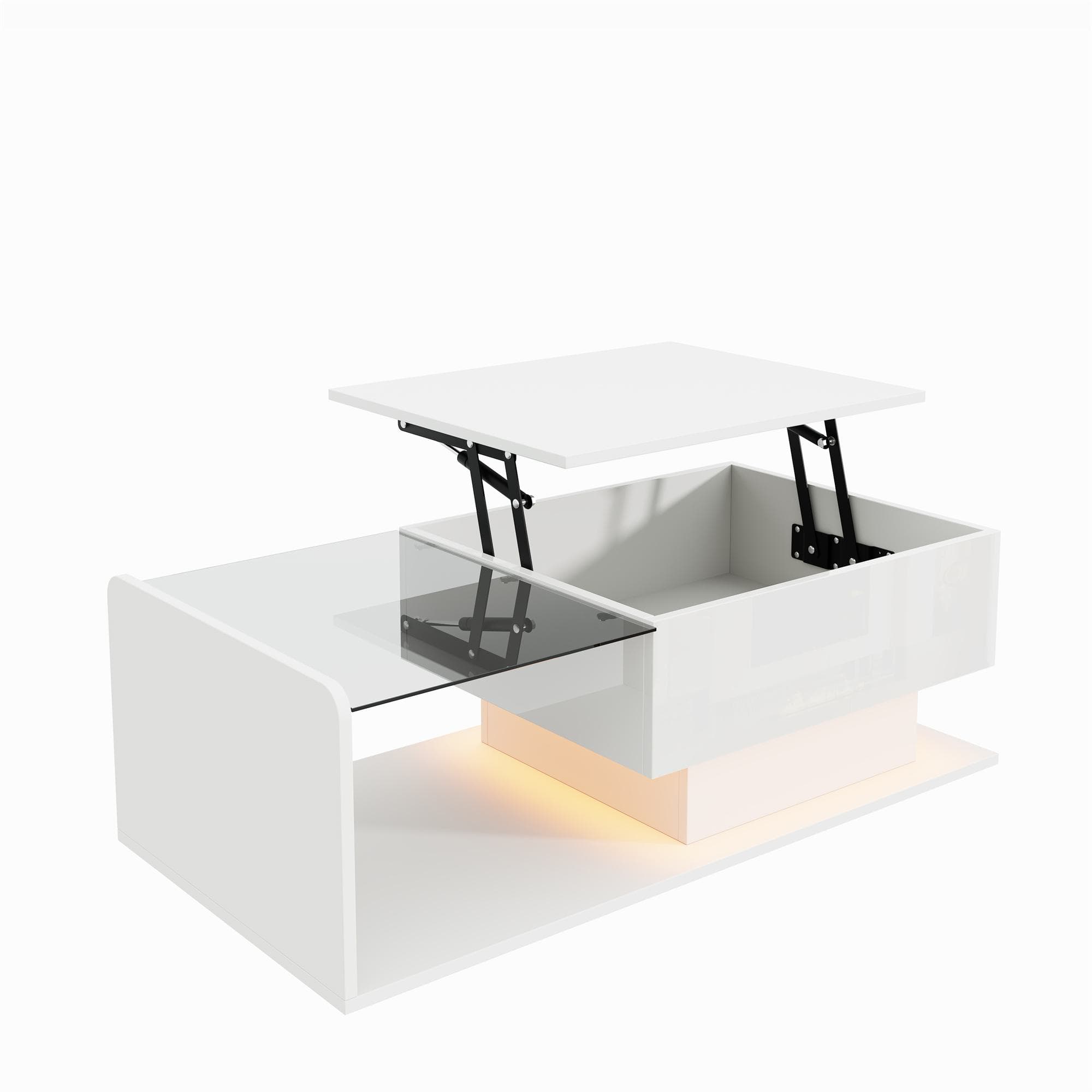 Table basse réglable en hauteur, avec plateau en verre et bande LED, 100x50x33/47,5 cm, Blanc
