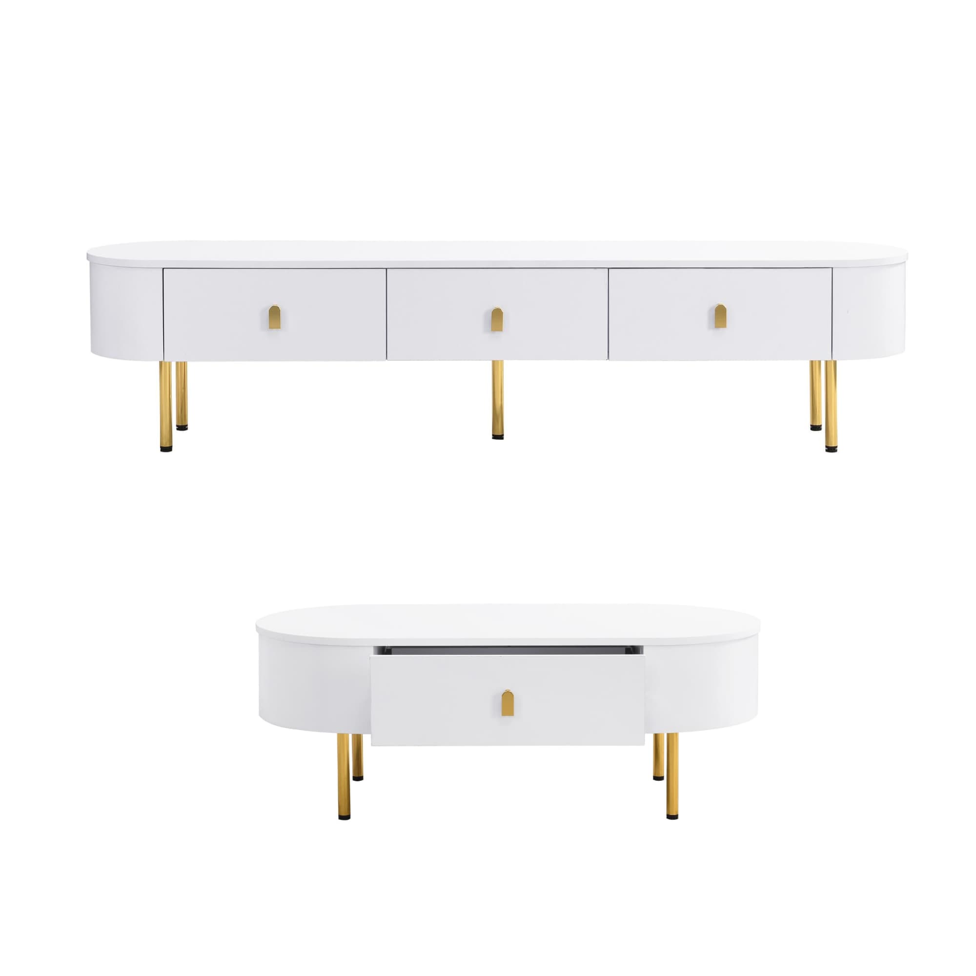Combinaison meuble TV-table basse, combinaison salon avec tiroirs et coins arrondis, Blanc+Or
