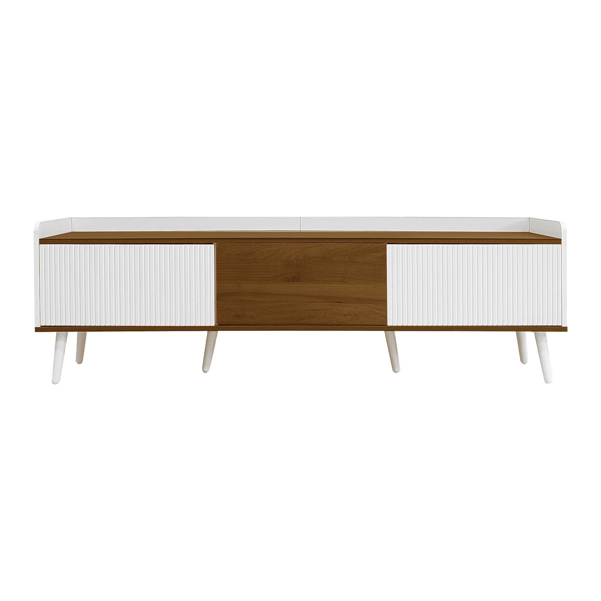 Meuble TV à 3 portes, pieds en bois et rebord surélevé, 160x39x49,5 cm, Couleur naturelle+Blanc