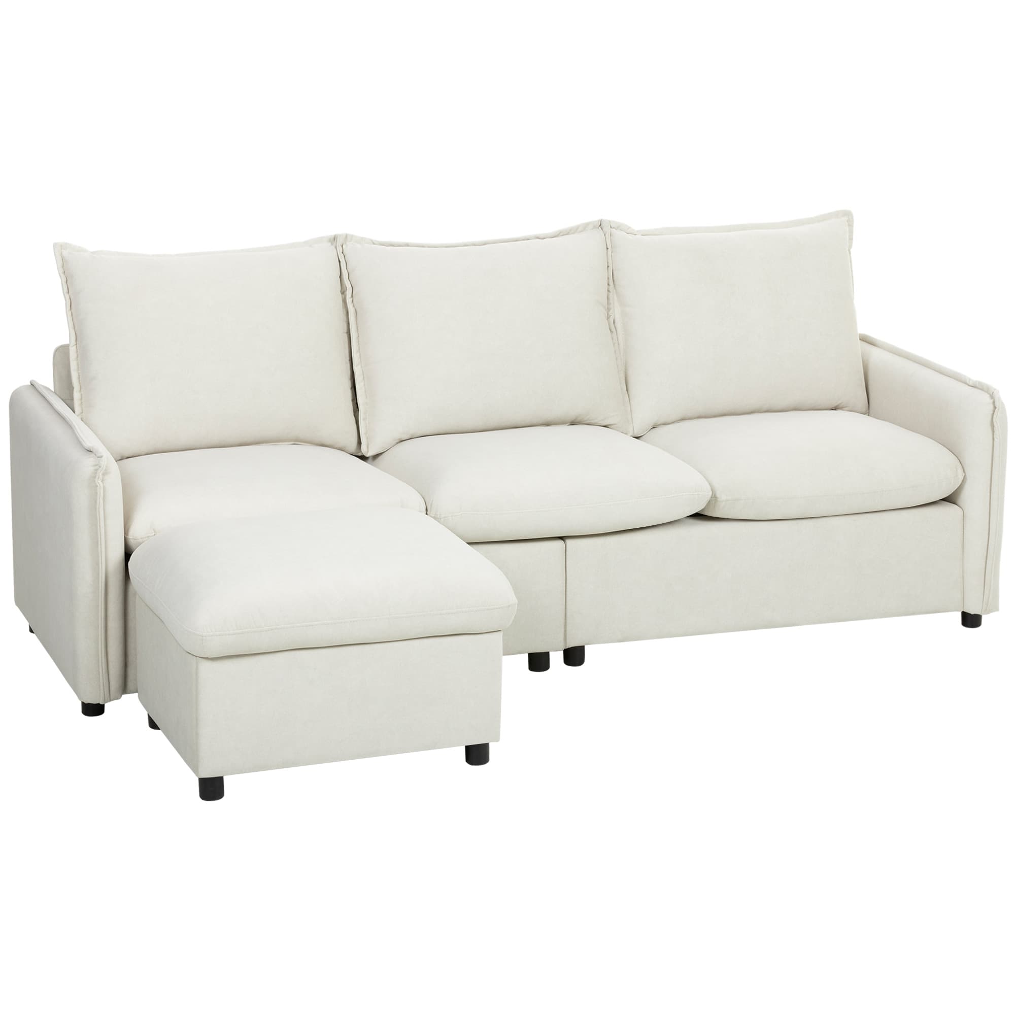 HOMCOM Canapé d'angle 3 places Modulaire en Tissu Effet Cuir Respirant avec Rangement Repose-pieds, Coussins, Crème