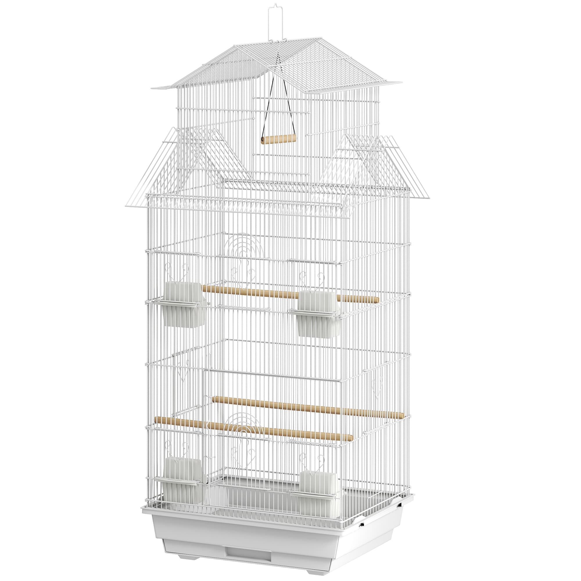 PawHut Cage pour Oiseaux en Acier avec Mangeoires Perchoirs Balançoire et Plateau Amovible 50,5x41x104 cm Blanc