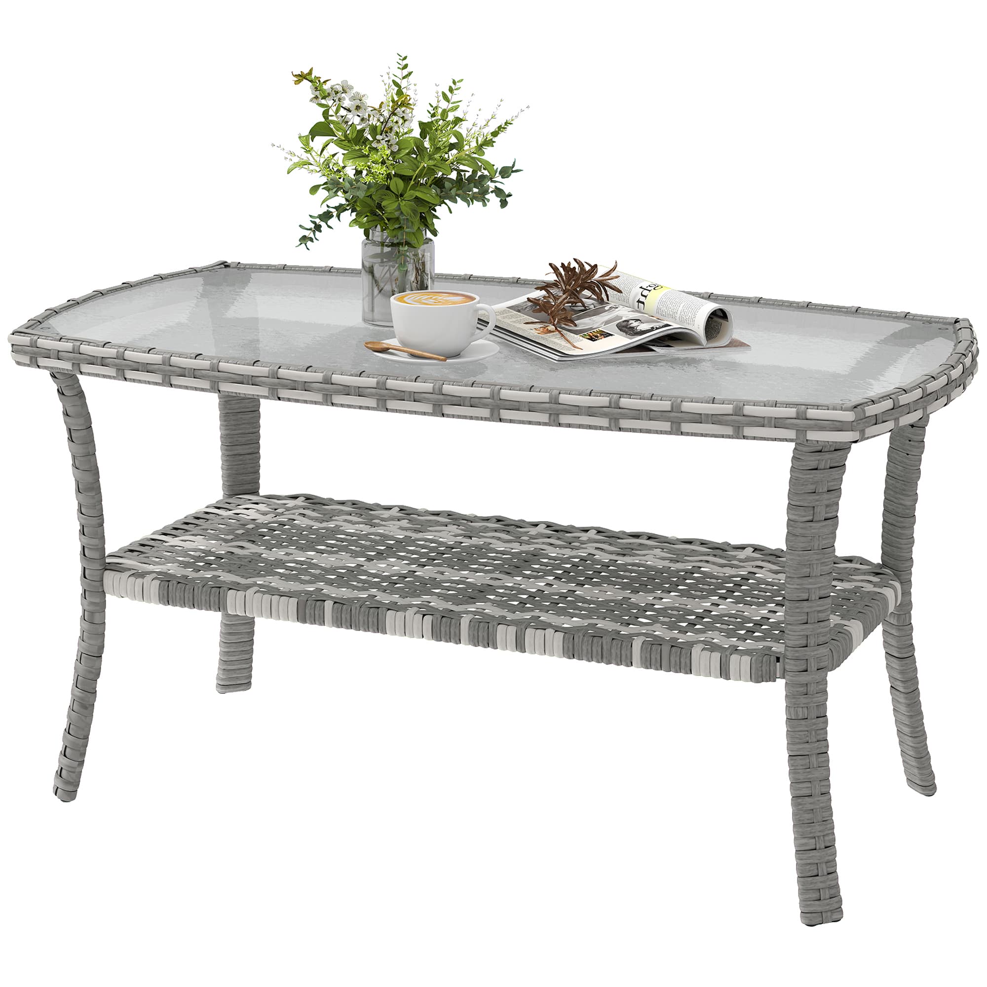 Outsunny Table de jardin extérieure rectangulaire en rotin avec étagère Plateau en verre trempé ondulé 90x50x45 cm Gris foncé