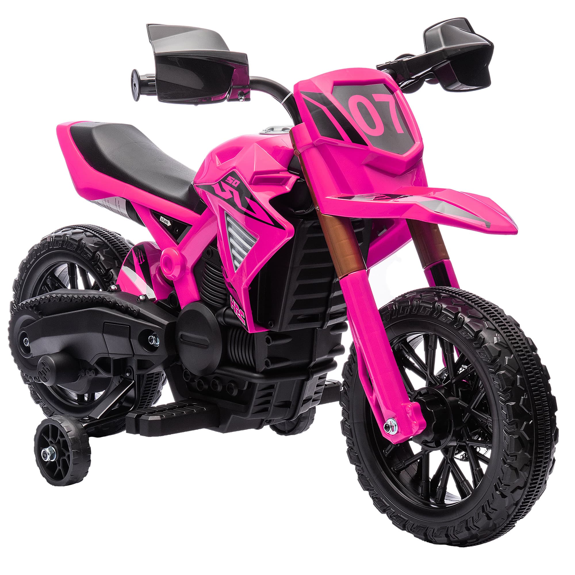 AIYAPLAY Moto cross électrique pour enfants 3-8 ans, batterie 6 V, 2 moteurs, klaxon et roues d'entraînement, charge 30KG, rose